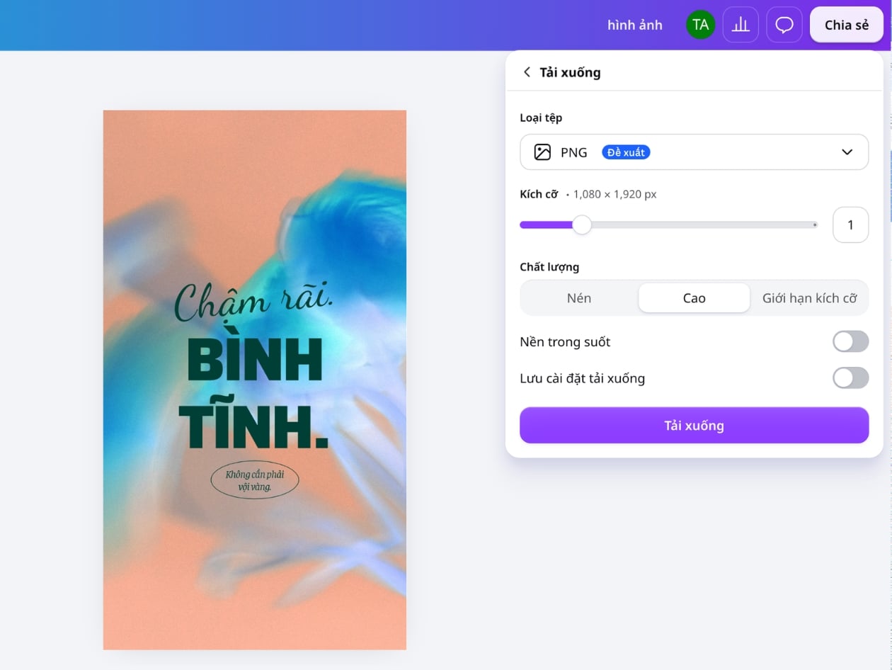 Tải xuống hoặc chia sẻ ảnh đã đảo màu từ Canva