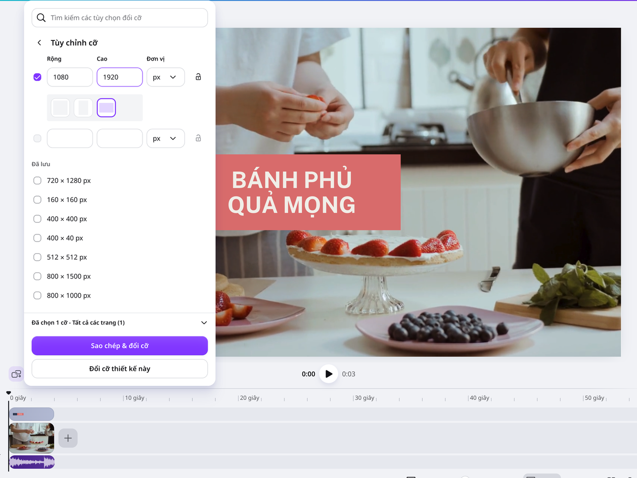 Chọn kích thước video dọc 1080 × 1920 px trong Canva