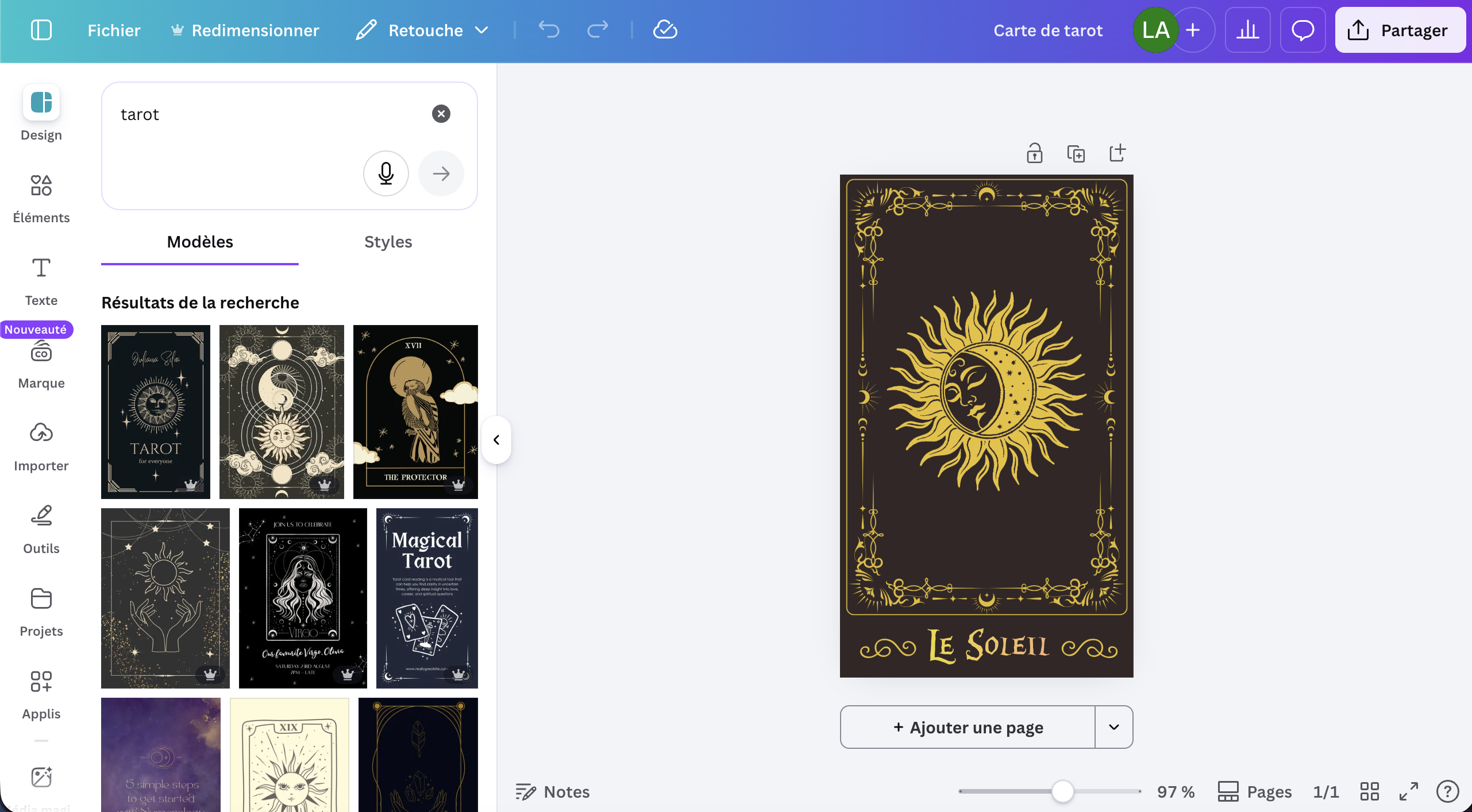 Carte de tarot divinatoire en cours de création sur Canva Carte de tarot divinatoire en cours de création sur Canva