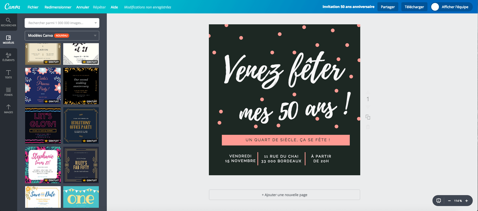 Invitation à l’anniversaire des 50 ans en cours de création sur Canva Invitation à l’anniversaire des 50 ans en cours de création sur Canva