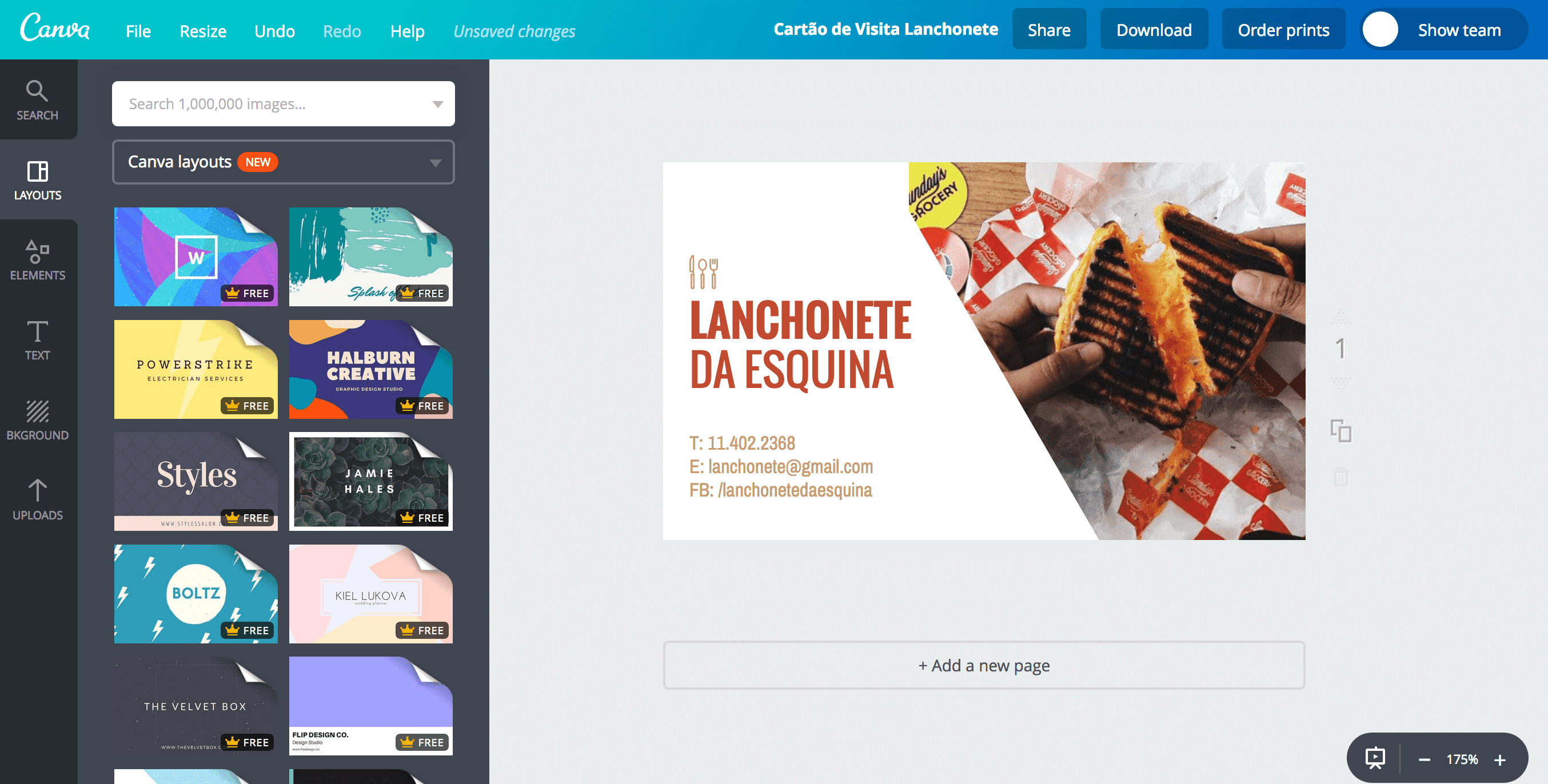 Cartão de visita para lanchonete