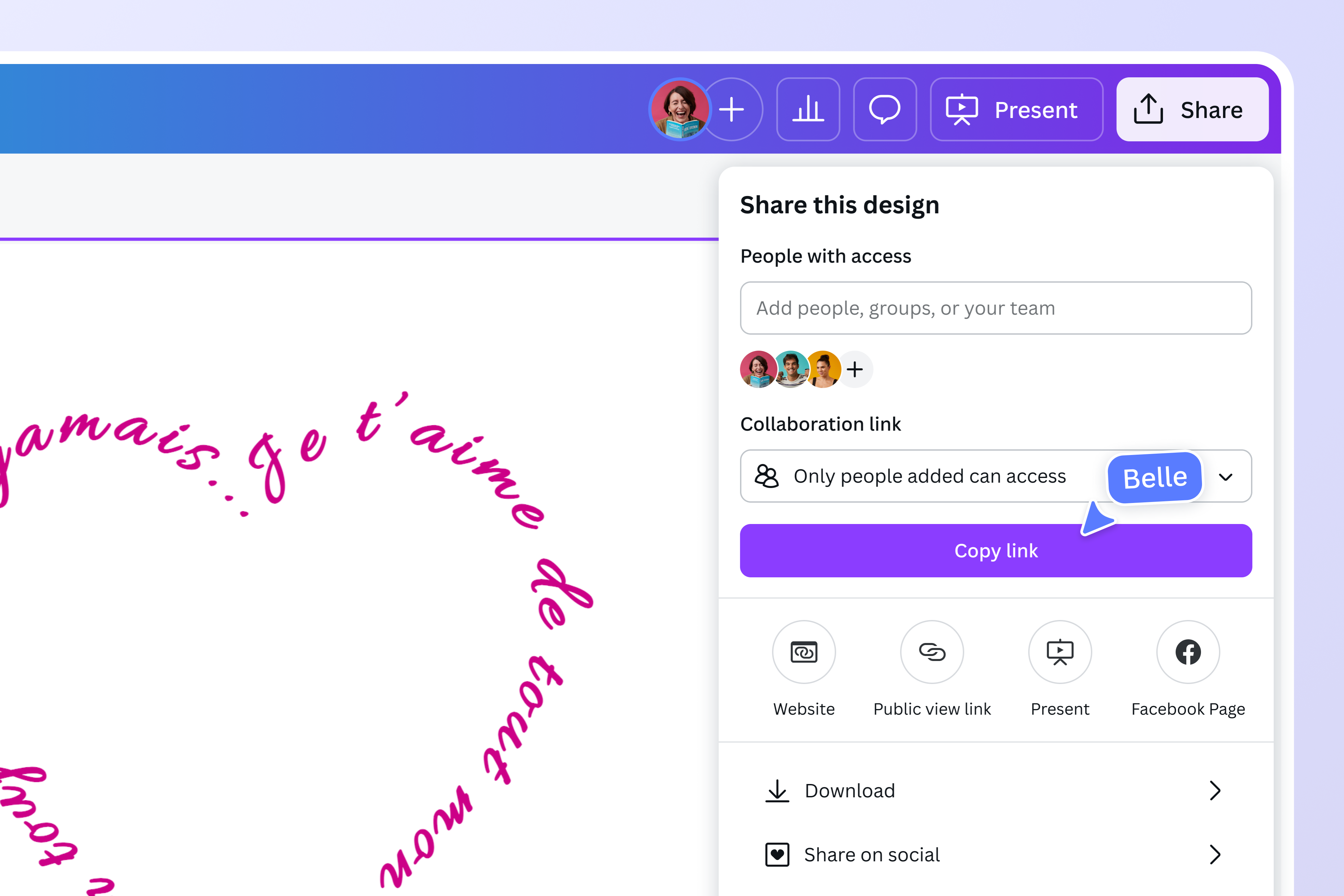 Partage d’un design de calligramme Canva sous forme de lien