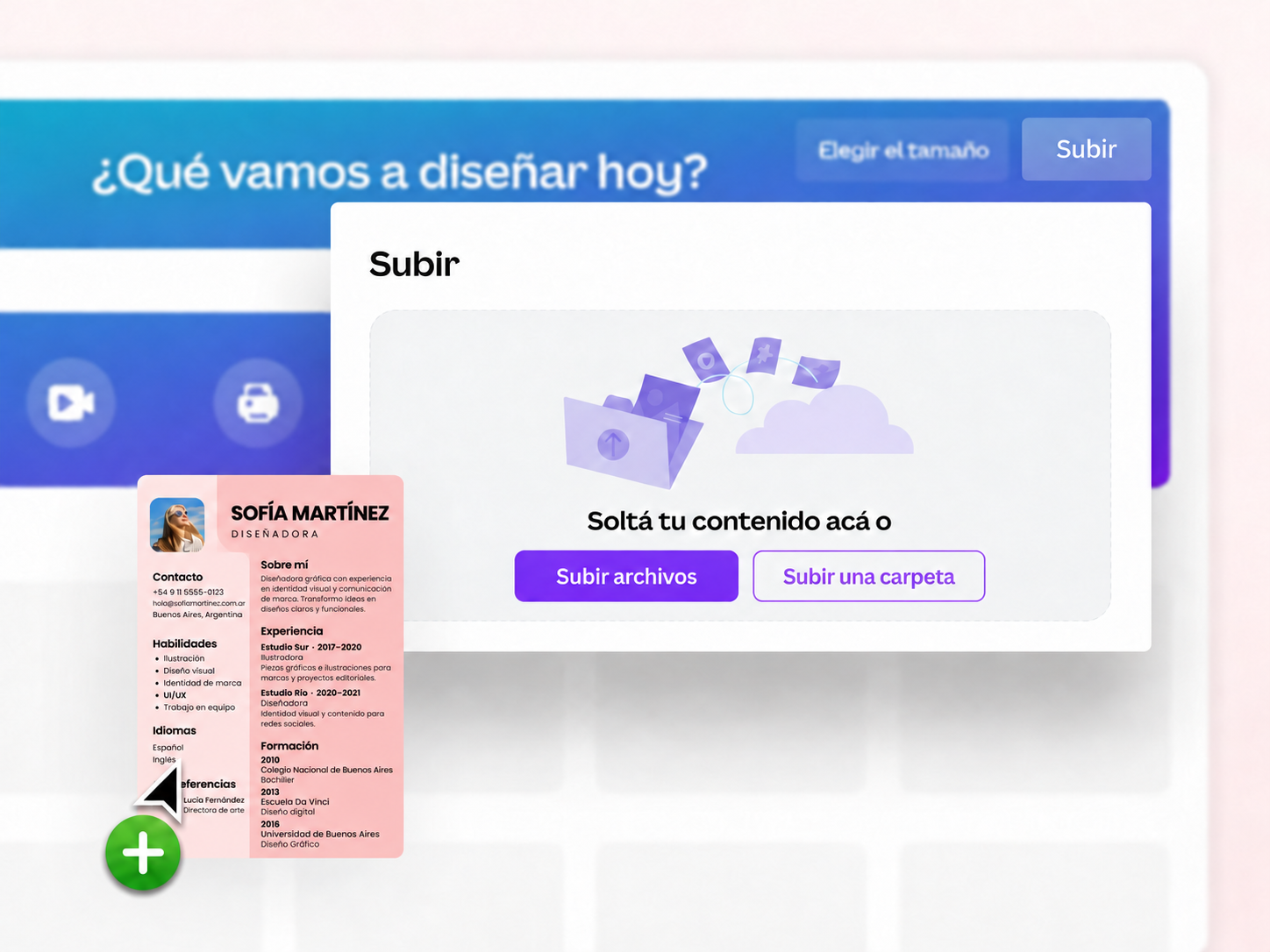 Ventana “Subir” de Canva para cargar un PDF, con un currículum de ejemplo que se arrastra al editor