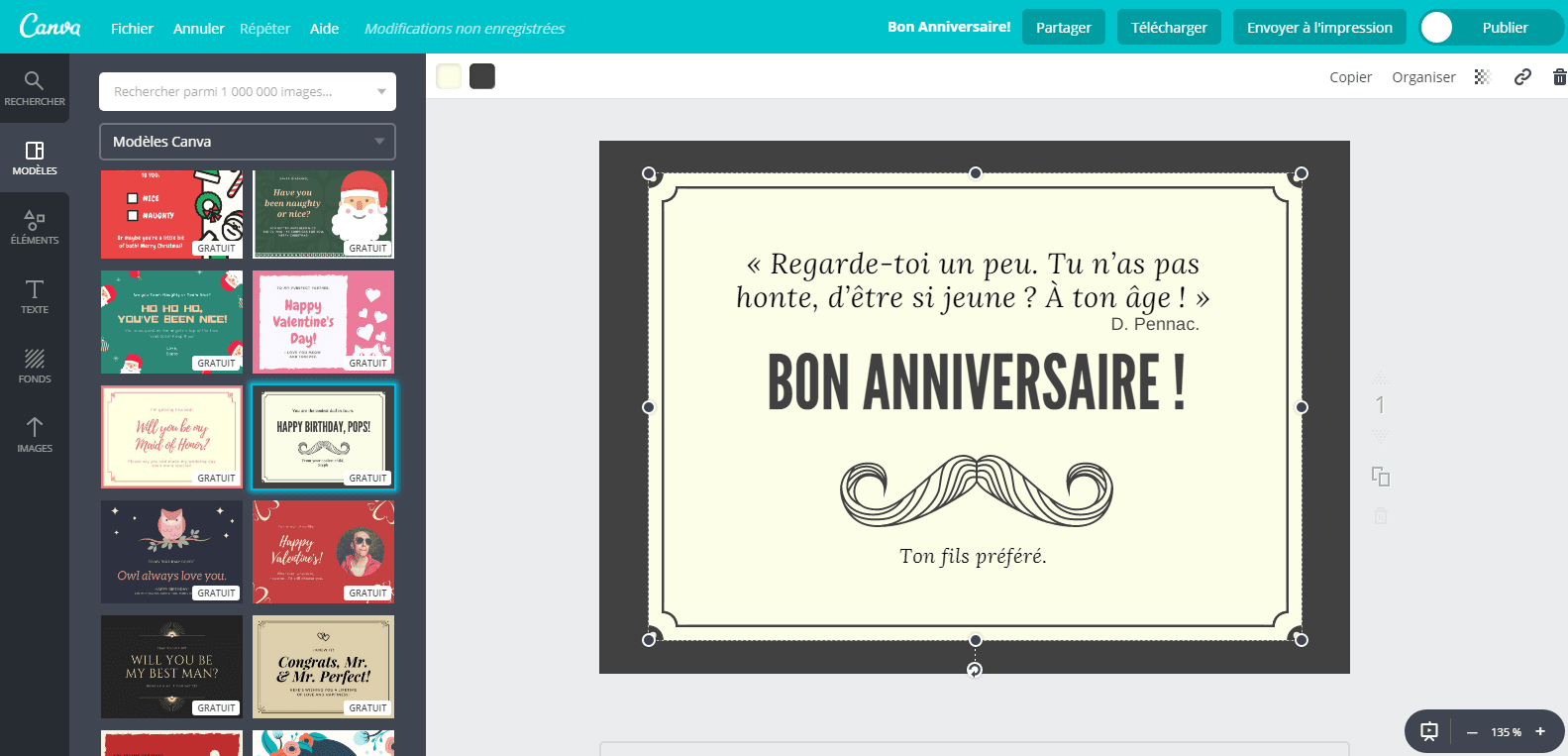 Carte d’anniversaire pour un homme en cours de création sur Canva