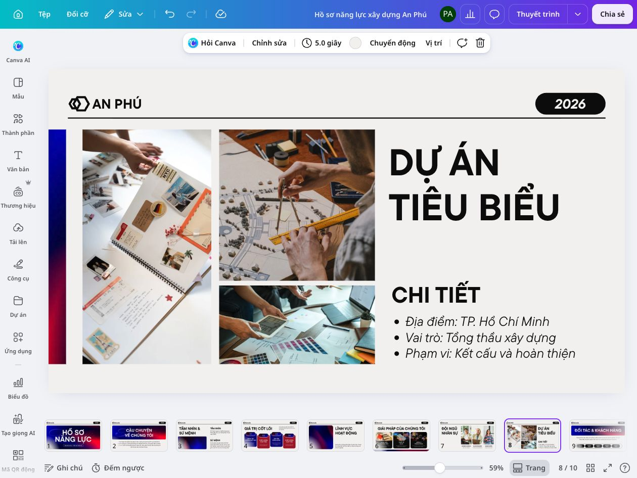 Thiết kế Profile công ty xây dựng Trang dự án tiêu biểu trong hồ sơ công ty xây dựng trên Canva.