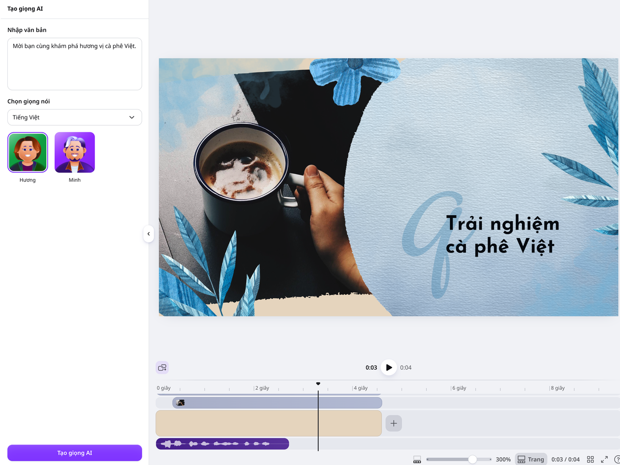 Bản địa hóa video nhanh gọn Tạo lời thuyết minh AI cho video cà phê trong Canva