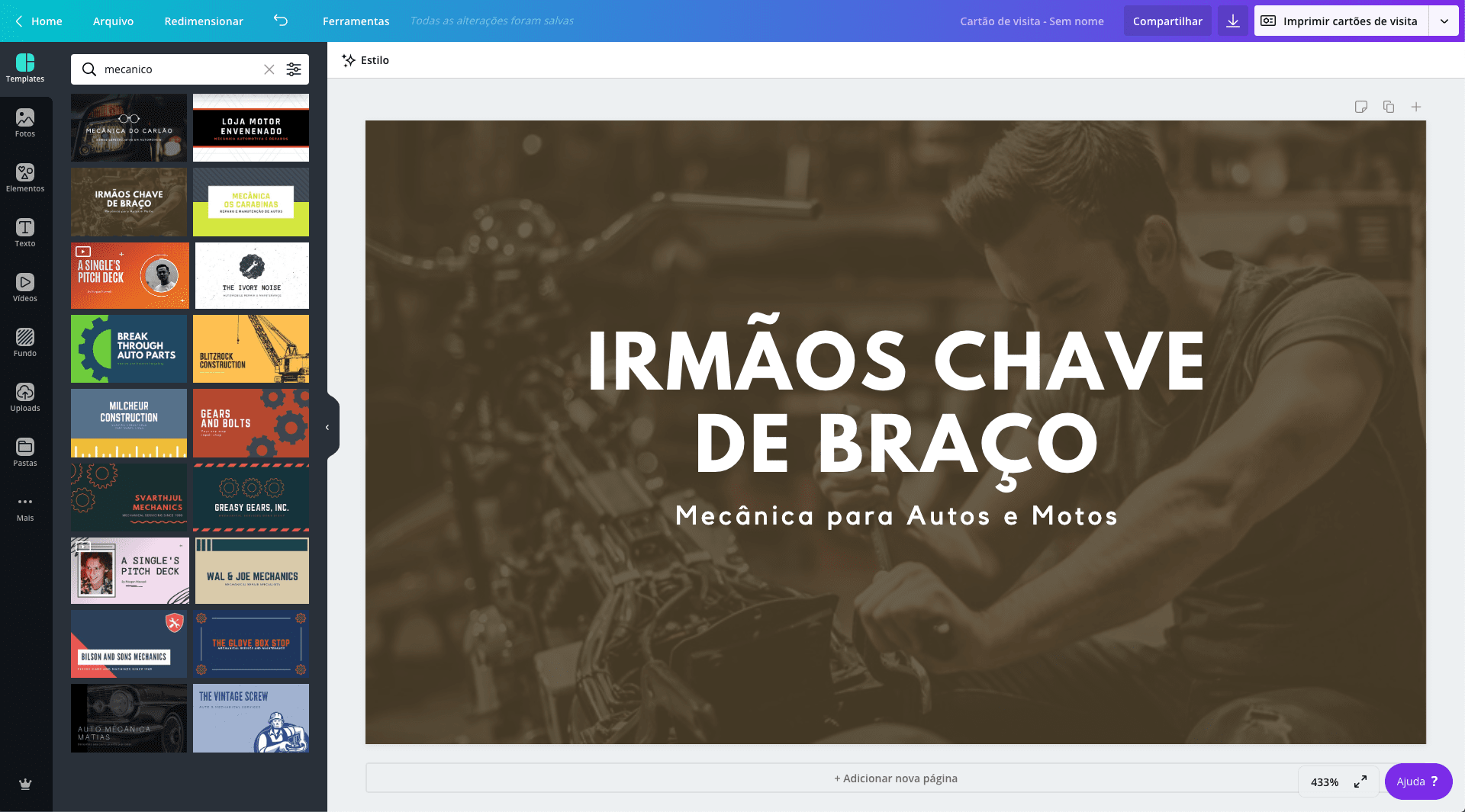Cartão de visita de mecânico
