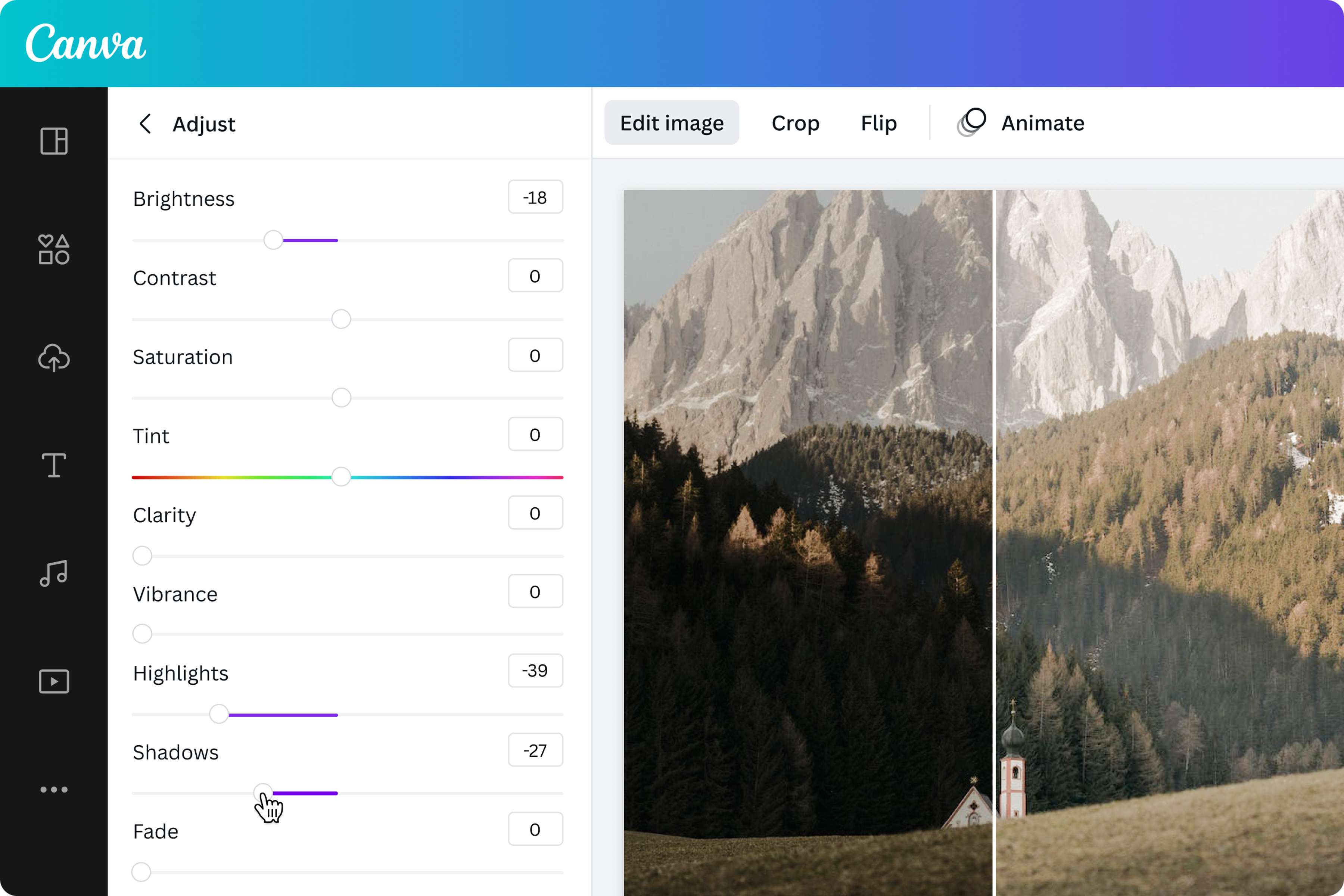 Capture d'écran de Canva montrant comment ajuster la luminosité, les tons clairs et les ombres pour foncer une photo