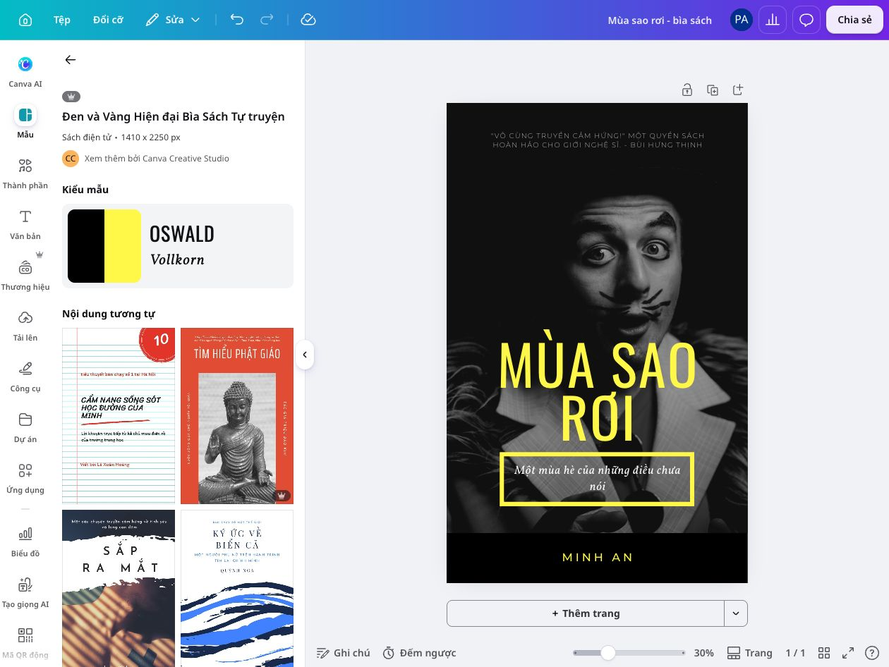 How to make a book cover - Canva Một tác giả Việt Nam chỉnh tiêu đề và hình minh họa trên bìa sách trong Canva, với các mẫu bìa hiện ở bảng bên và canvas ở giữa màn hình.
