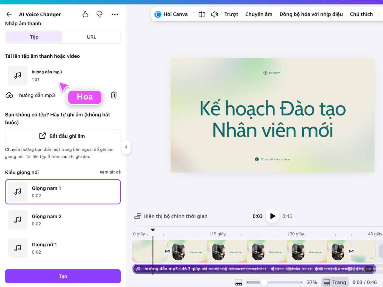 Giao diện Canva đổi phần thoại có sẵn thành giọng nói AI