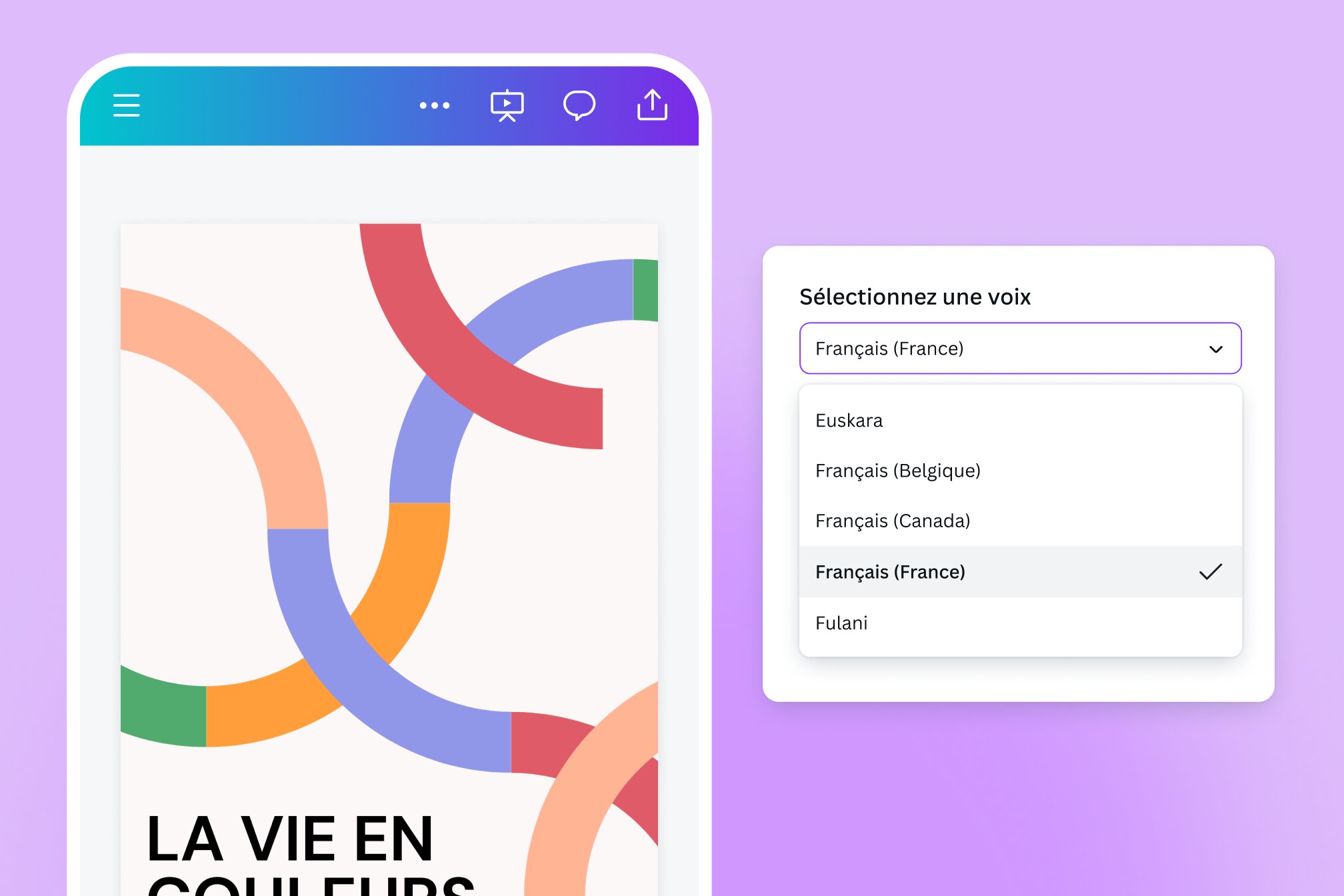 Curseur en train de sélectionner une langue pour un fichier Canva Curseur en train de sélectionner une langue pour un fichier Canva