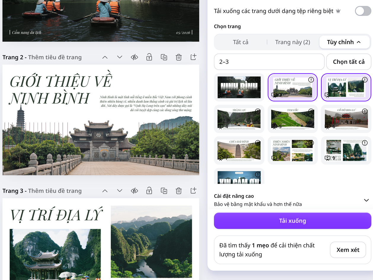 Toàn quyền kiểm soát file PDF của bạn Chọn trang hai và ba để tải bản PDF trong Canva