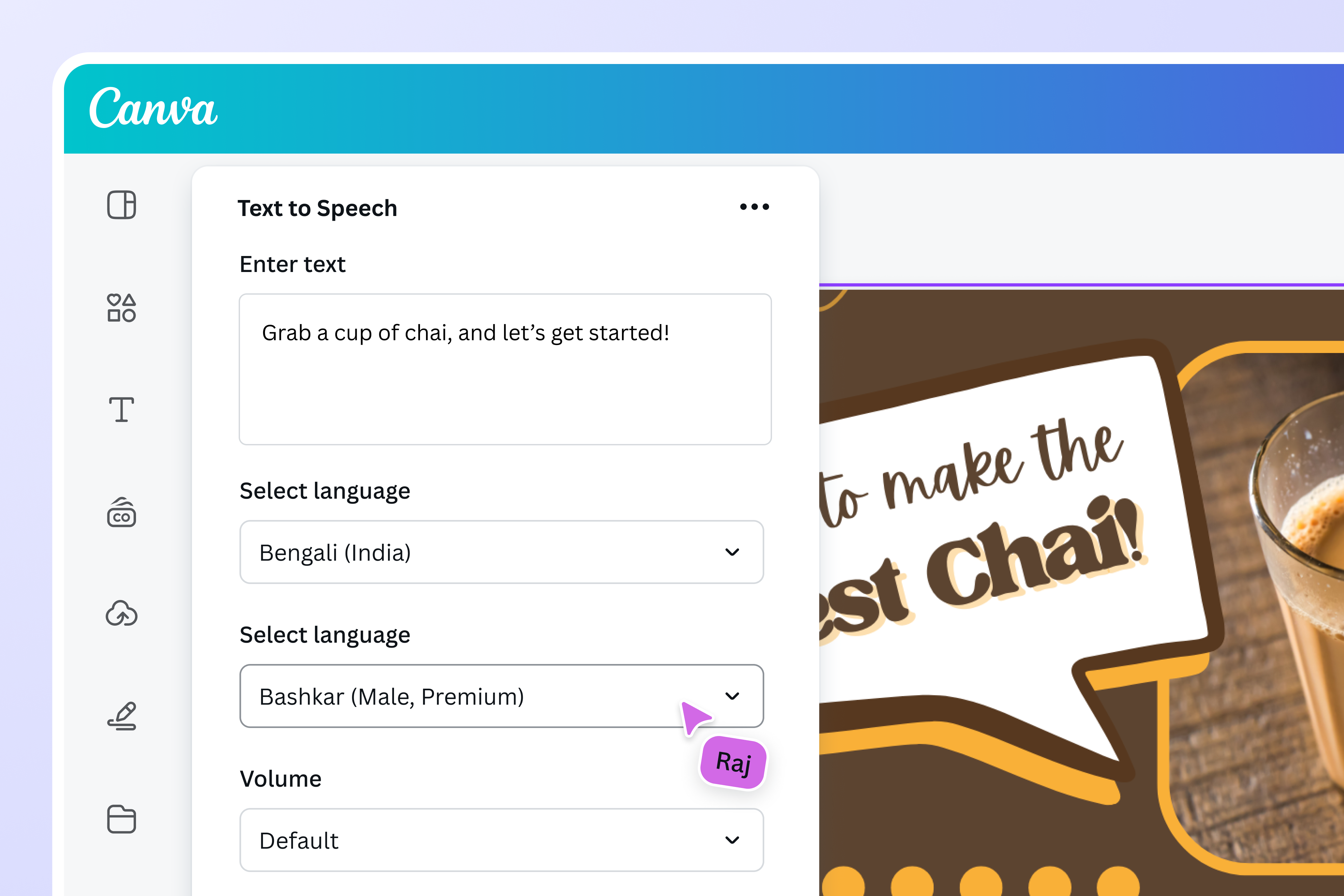 Type your message, choose Bengali (India) as the language, and select Bashkar (Male, Premium) voice for text-to-speech conversion