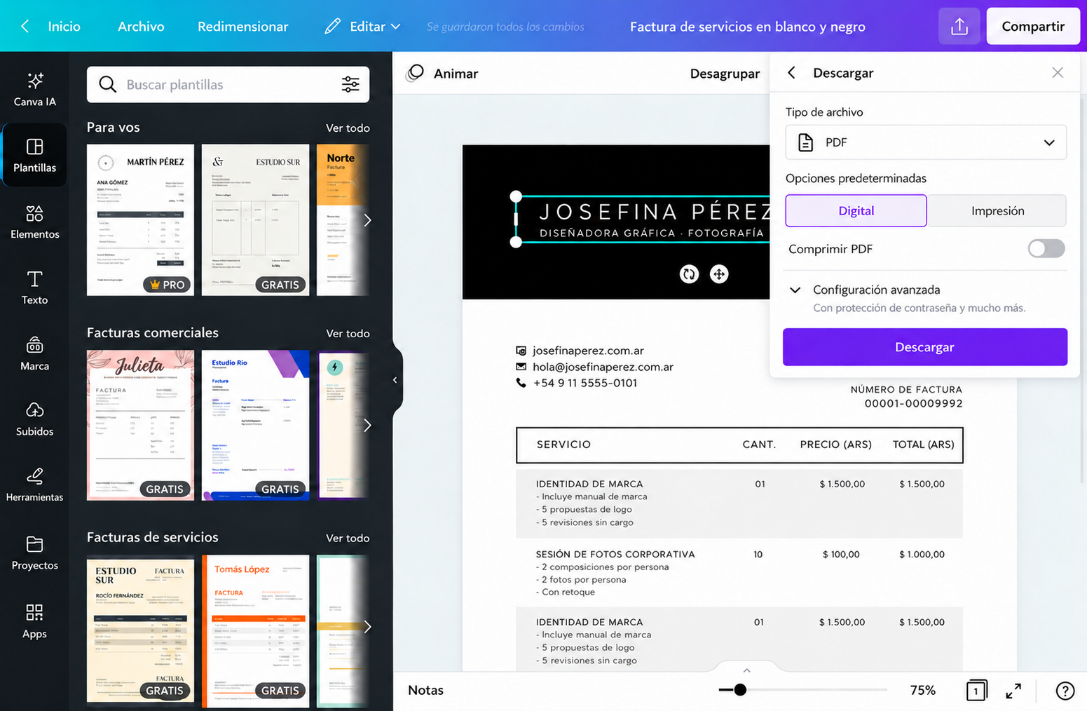 Editor de Canva con una factura en PDF y el panel “Descargar” abierto con el tipo de archivo PDF