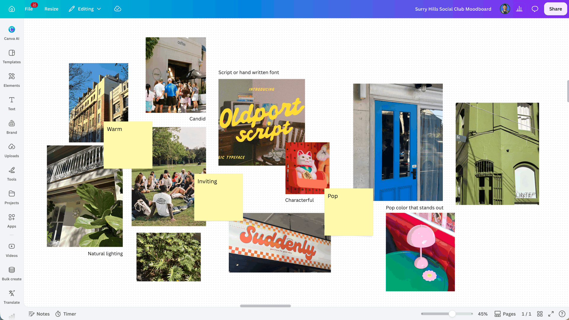 Image of project moodboard with attached words for a clearer visual direction