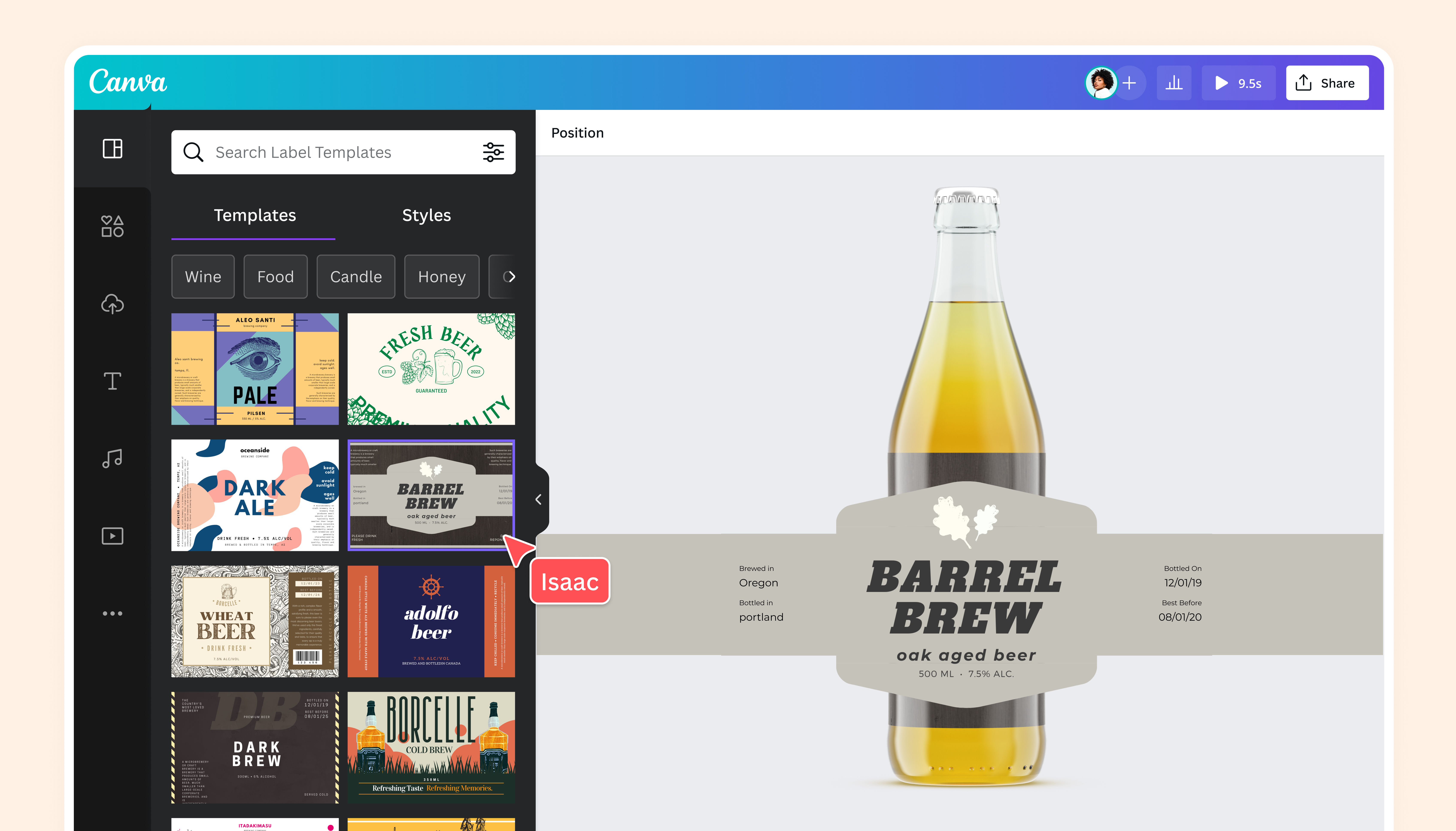 Capture d'écran du générateur de mockup de bouteille Canva avec un mockup d'étiquette de bouteille