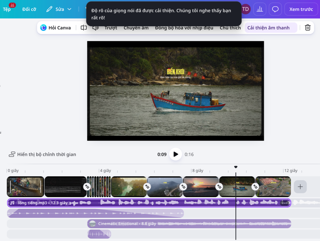 Cải thiện âm thanh lời thoại Giao diện Canva cải thiện chất lượng âm thanh cho lời thoại trong video