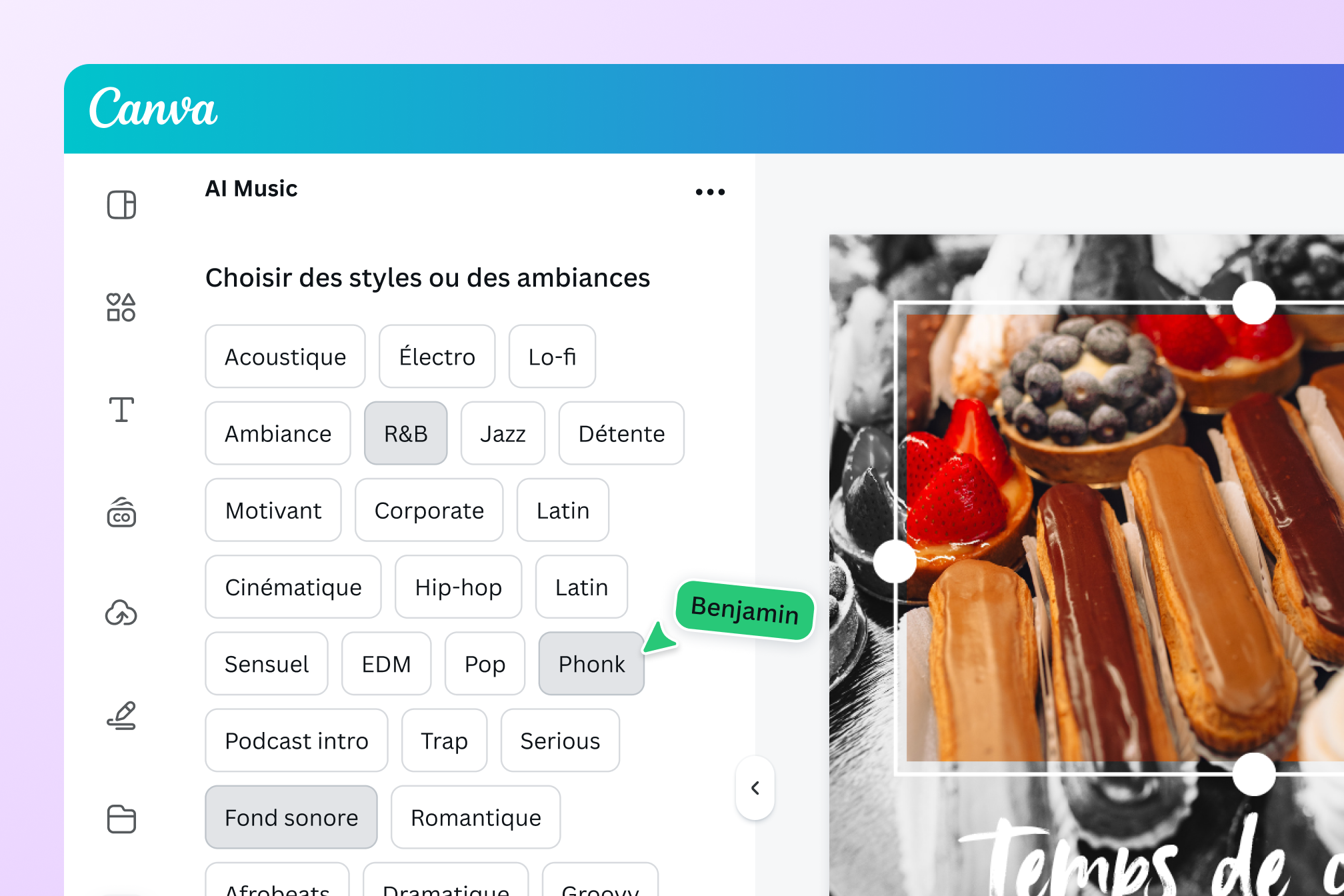 Design Canva et fenêtre d’options ouverte sur les différents choix d’ambiance et de genre sur AI Music pour générer de la musique IA sur-mesure Design Canva et fenêtre d’options ouverte sur les différents choix d’ambiance et de genre sur AI Music pour générer de la musique IA sur-mesure