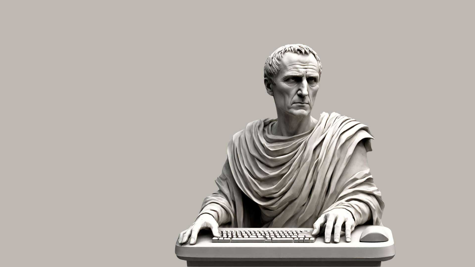 Image uchronique d'une statue d'empereur romain devant un clavier d'ordinateur
