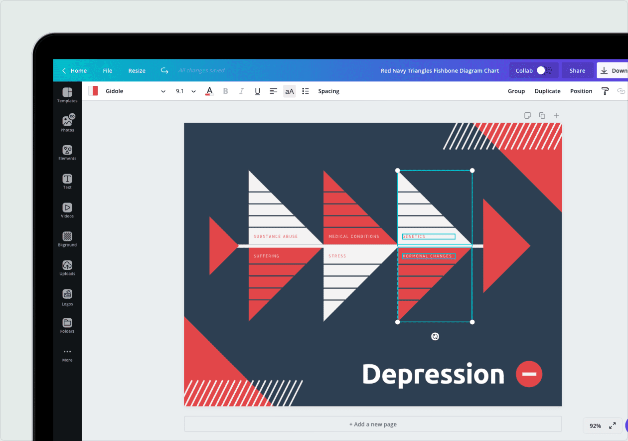 Exemple de diagramme d'Ishikawa en cours de modification dans Canva