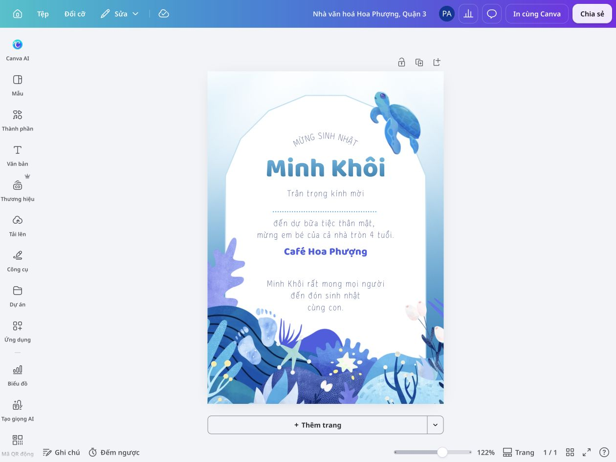 How to make a birthday invitation - Canva Thiệp mời sinh nhật với tên người nhận và họa tiết biển trong Canva.