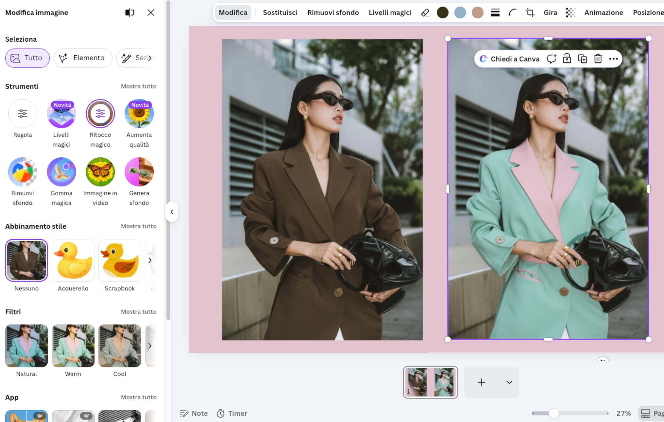 Camerino virtuale: outfit sostituito in una foto descrivendo i nuovi vestiti con Ritocco magico di Canva