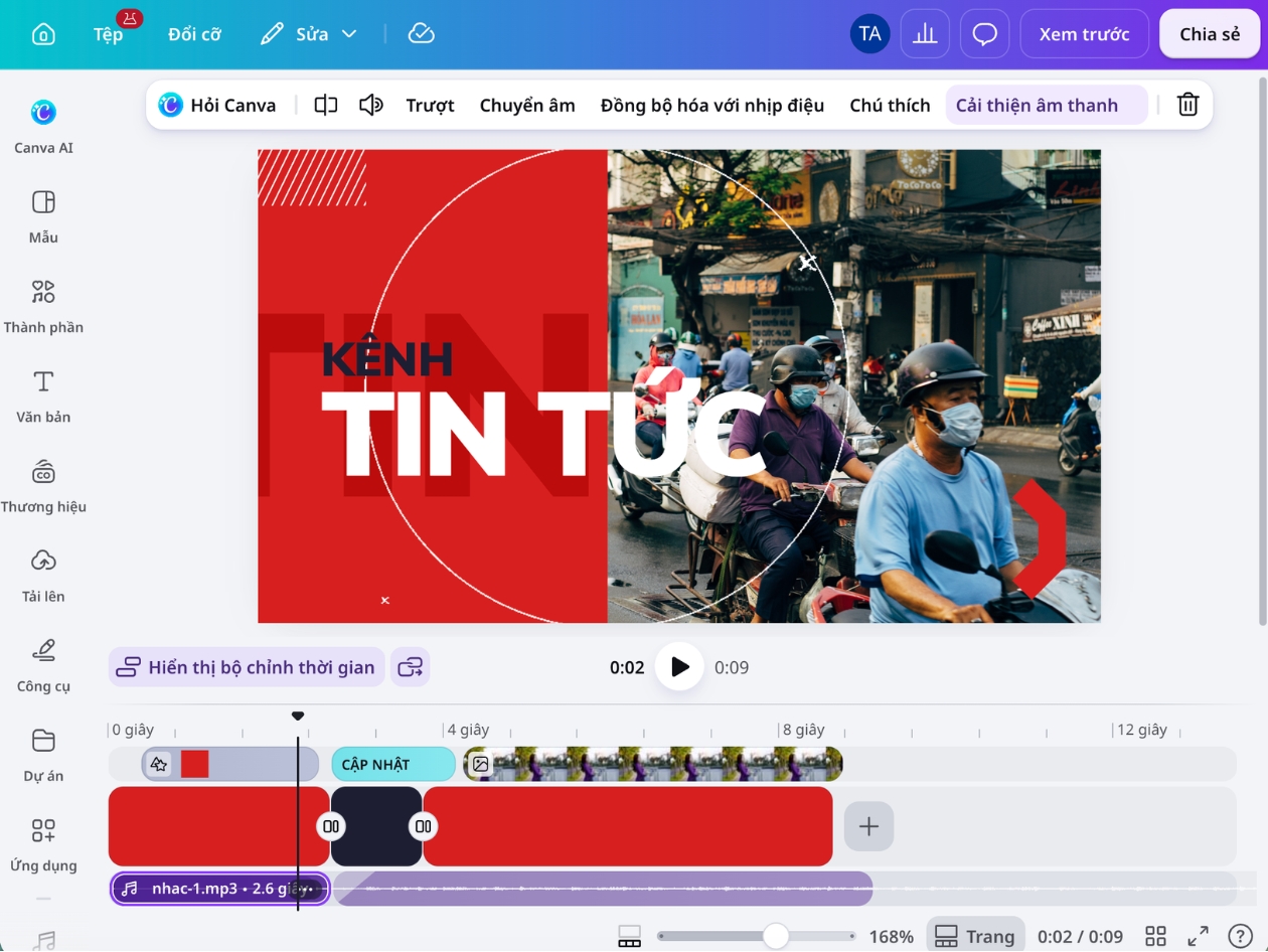 Cắt và sắp xếp âm thanh trên dòng thời gian Canva