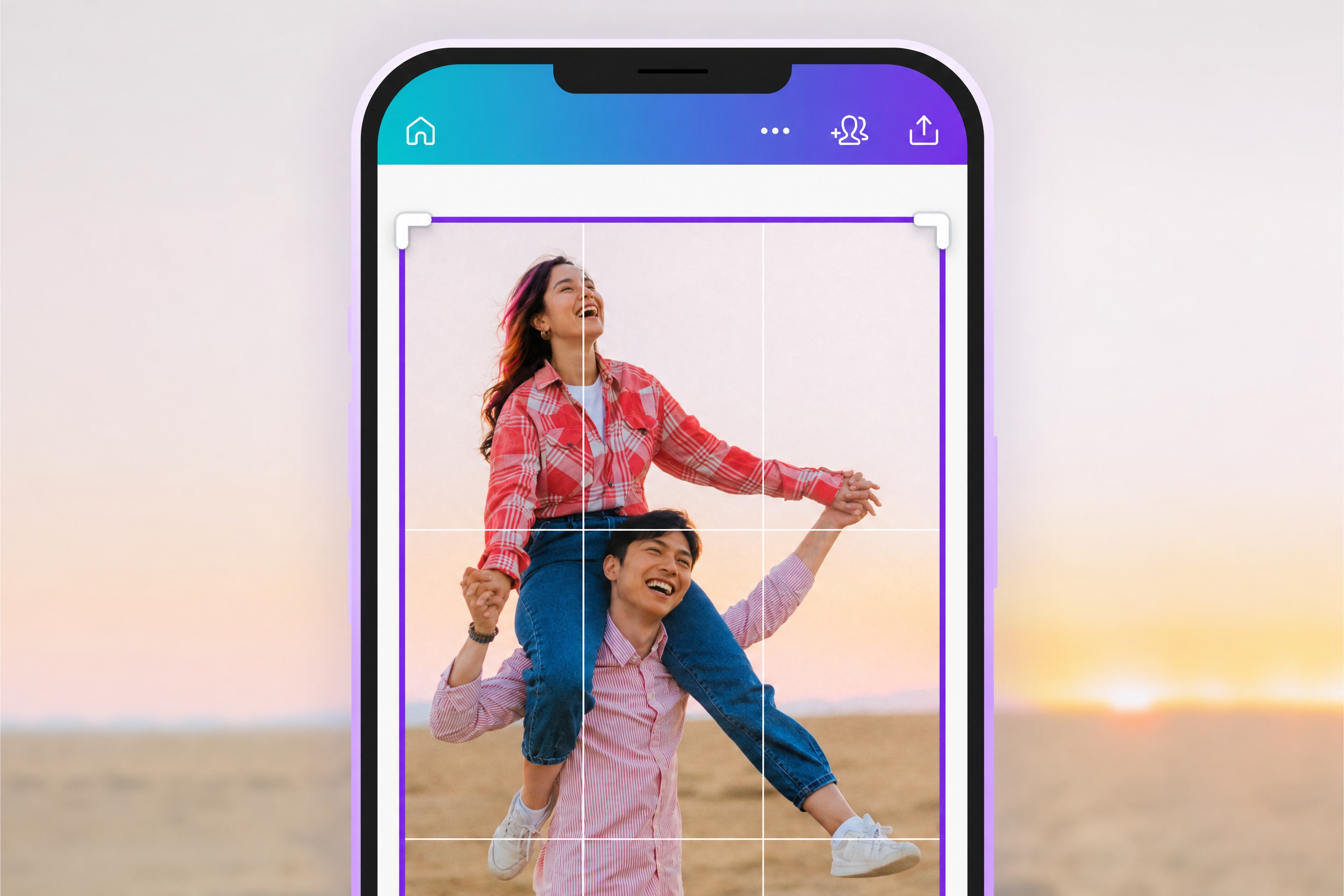 Cắt khung video ghép cho từng nền tảng Xén khung video cặp đôi trên bãi biển trong ứng dụng Canva trên điện thoại