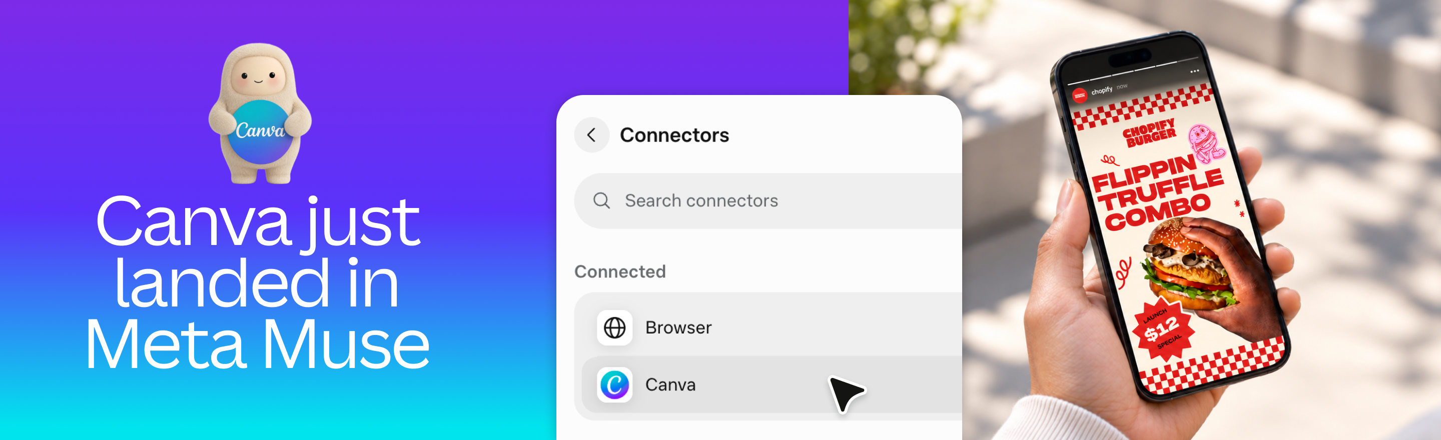 Official Canva graphic reading Canva just landed in Meta Muse beside a Muse connectors panel listing Canva and a phone showing a food promotion design
