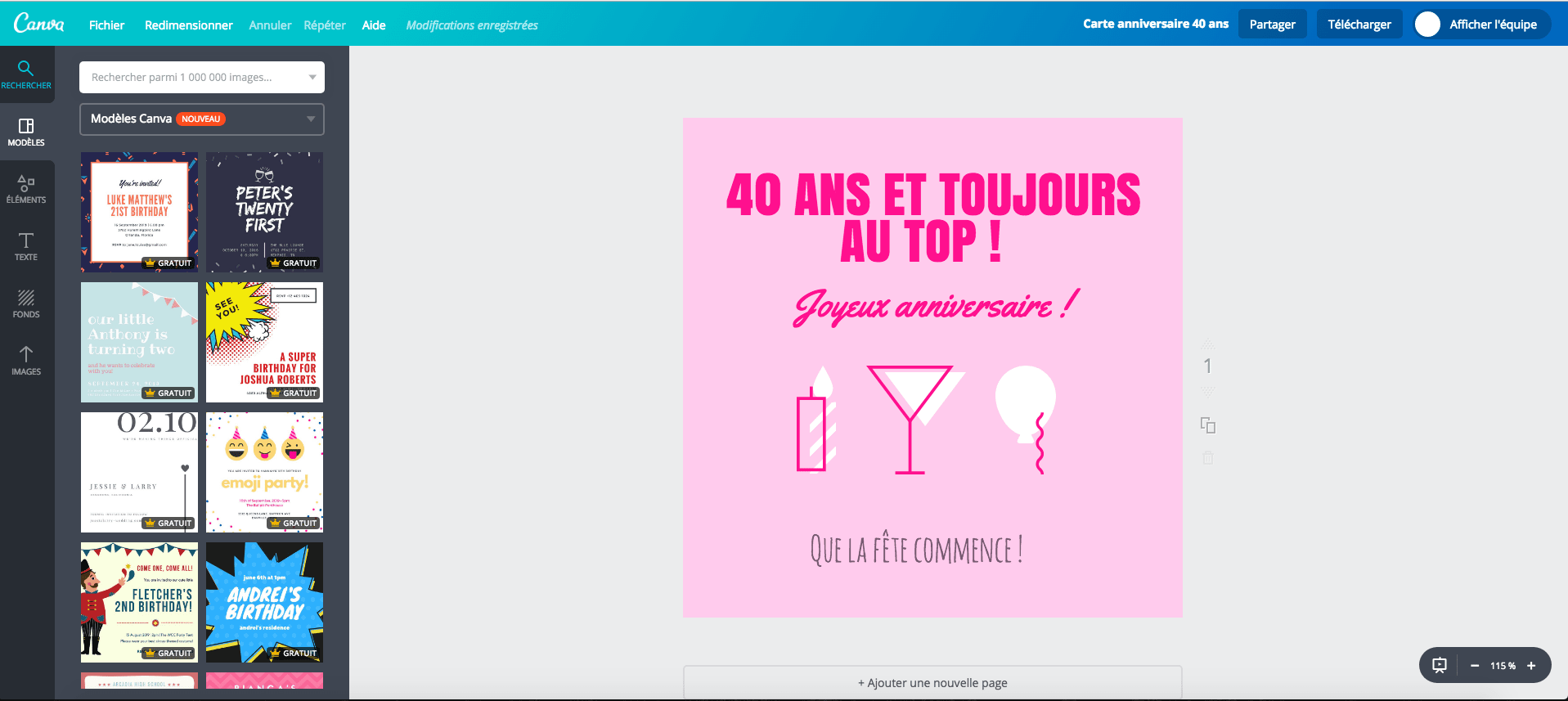 Carte d’anniversaire des 40 ans sur Canva