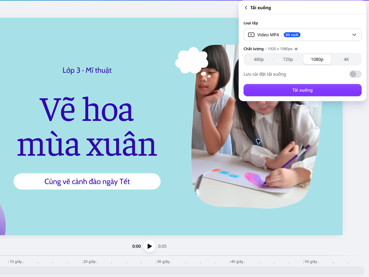 Tải video MP4 để gửi hoặc dùng bên ngoài Canva Tải video MP4 để gửi hoặc dùng bên ngoài Canva