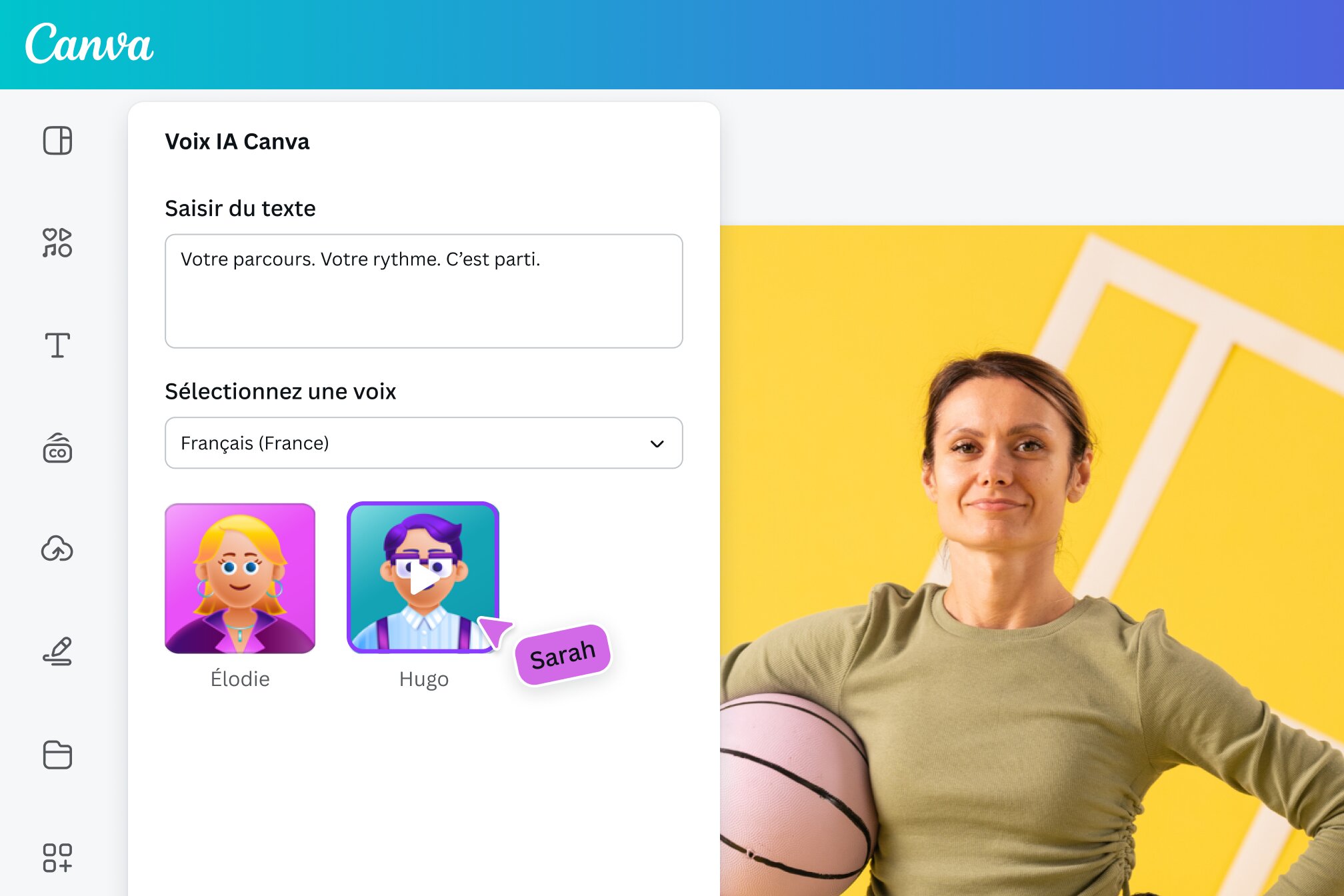 Fichier en cours d’édition dans l’outil de synthèse vocale ouvert sur Canva Fichier en cours d’édition dans l’outil de synthèse vocale ouvert sur Canva