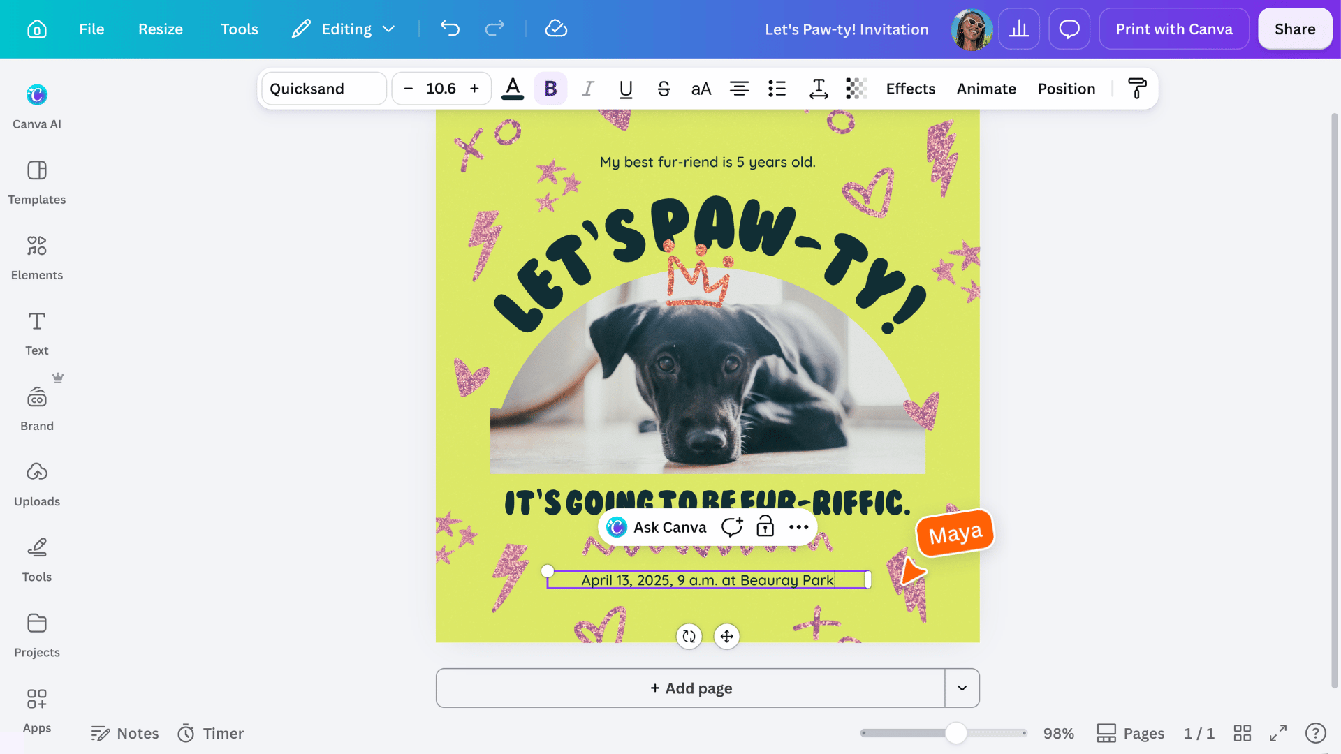 Canva editor showing a colorful poster template with selected text and editing options for customizing the design.