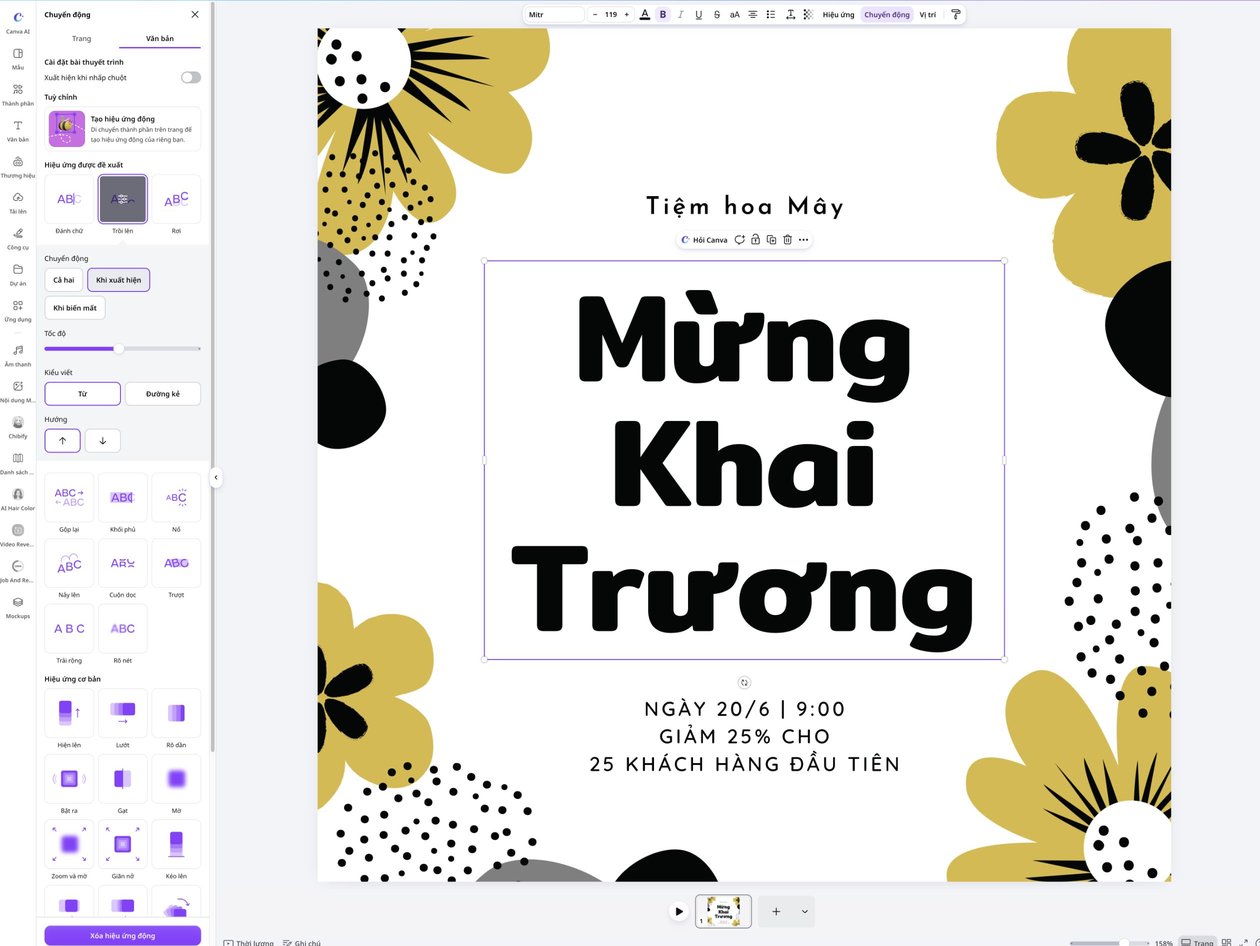 Tạo hiệu ứng Trồi lên cho tiêu đề khai trương trên Canva.