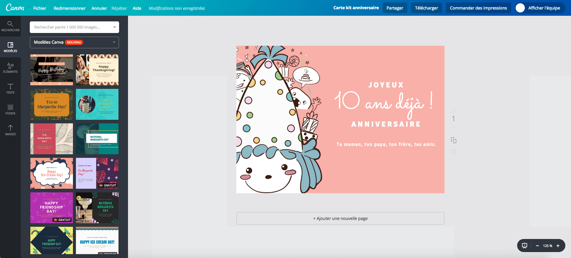 Carte d’anniversaire des 10 ans dans un kit d’anniversaire en cours de création sur Canva Carte d’anniversaire des 10 ans dans un kit d’anniversaire en cours de création sur Canva