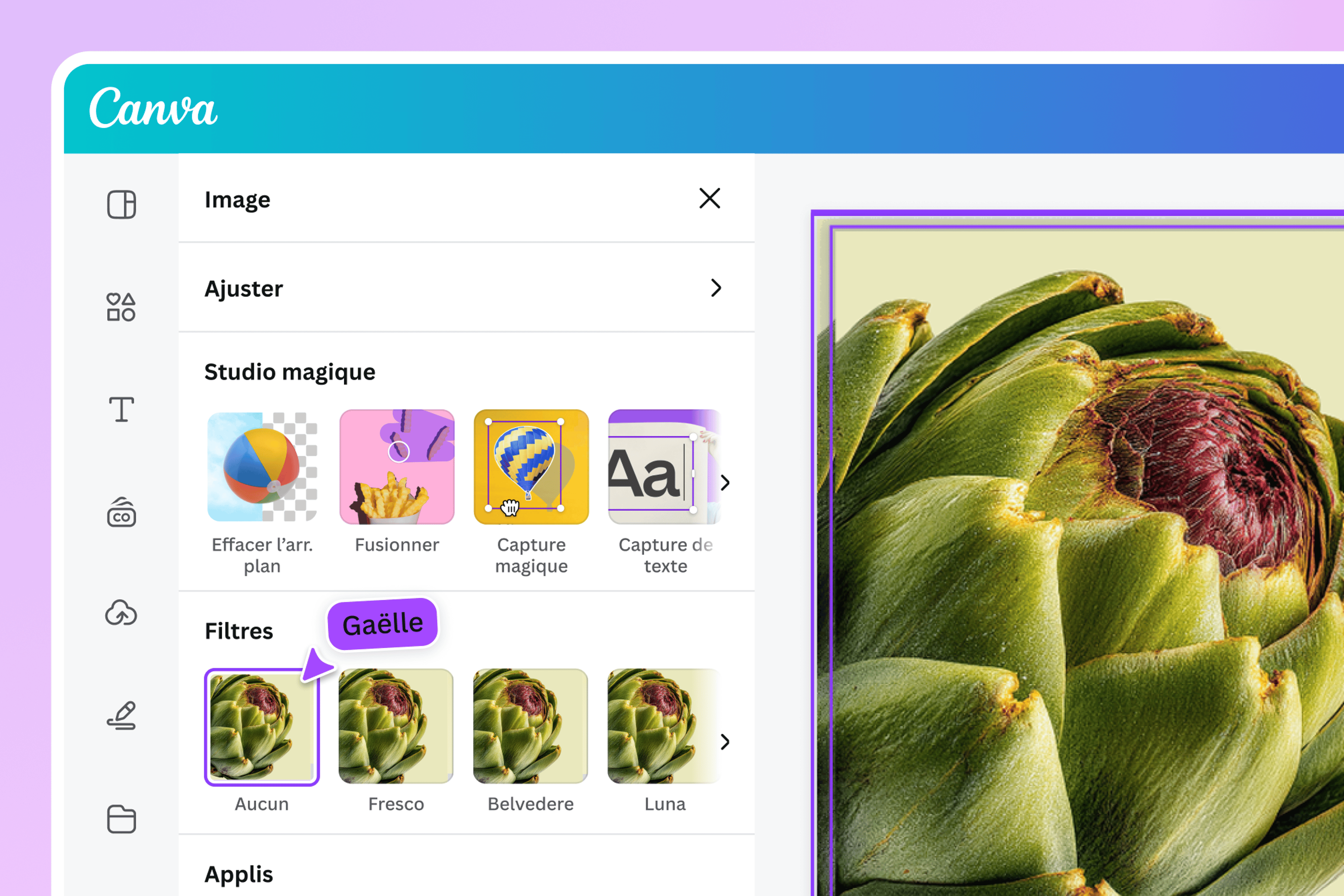 Options de filtres de couleurs ouverts sur Canva avec photo de filles en train de manger