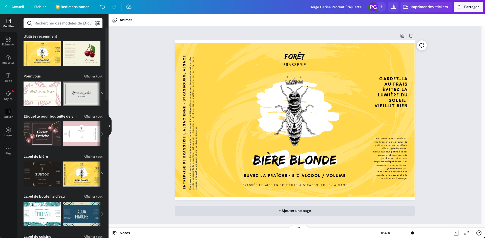 Design d'étiquette de bière blonde jaune avec un insecte ouverte dans Canva avec une sélection de modèles d'étiquettes sur la gauche Design d'étiquette de bière blonde jaune avec un insecte ouverte dans Canva avec une sélection de modèles d'étiquettes sur la gauche