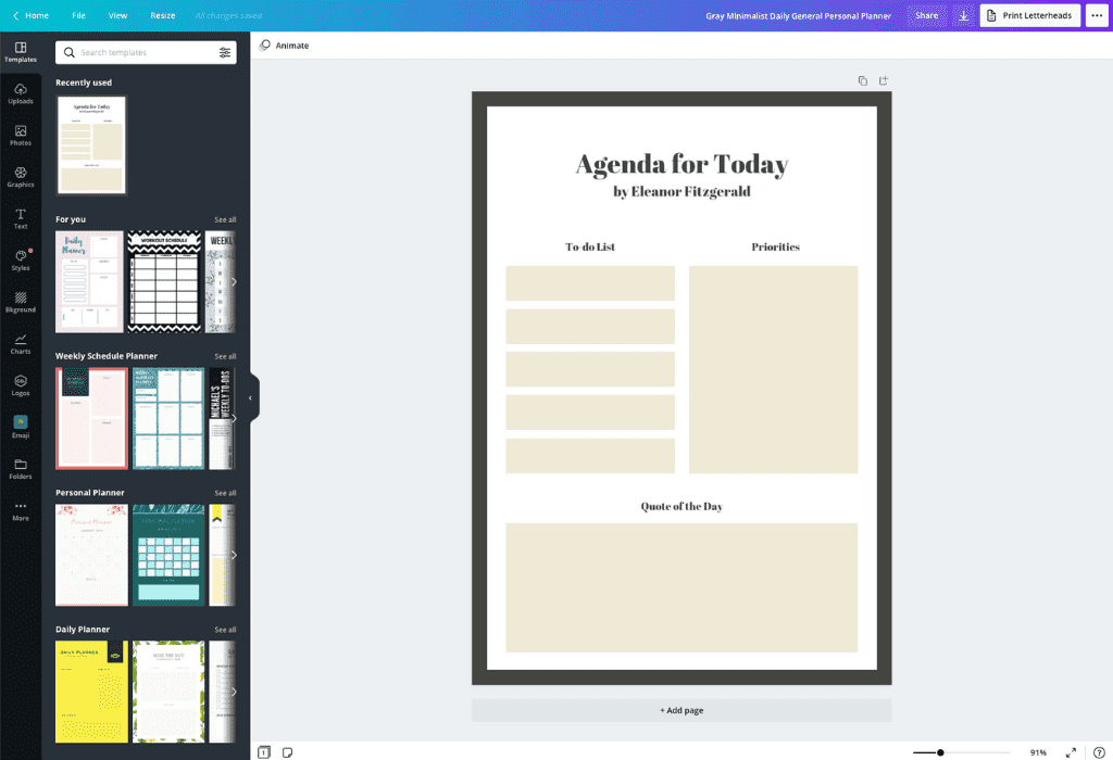 How to make a personal planner - Canva