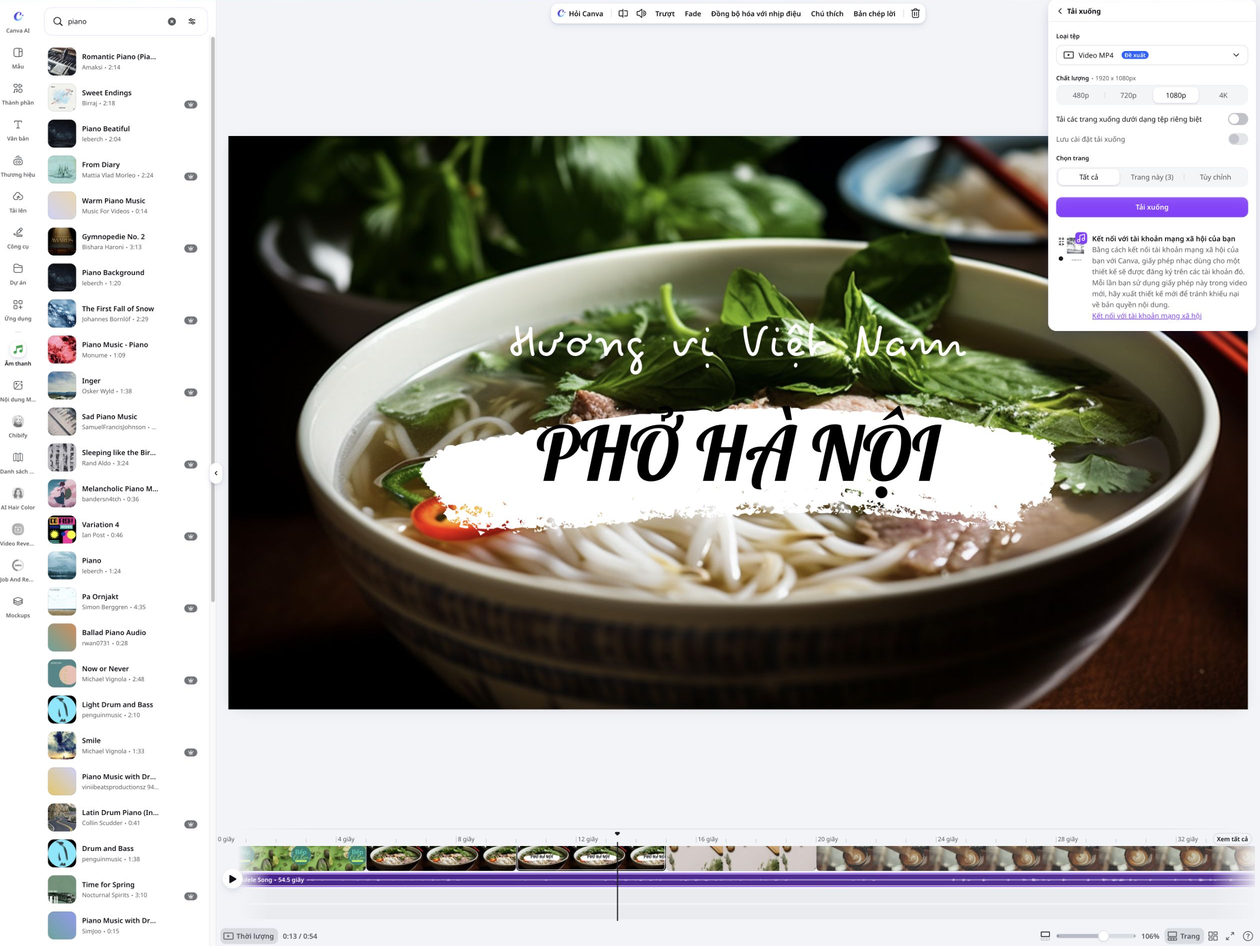 Add audio to your GIF Ảnh phở Hà Nội trong trình chỉnh sửa Canva với nhạc và tùy chọn tải xuống Video MP4