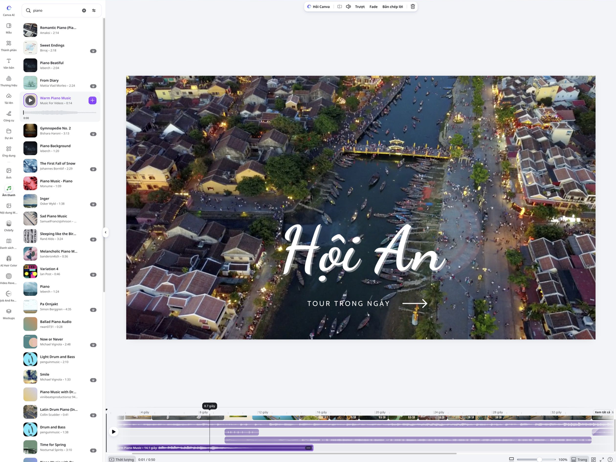 Add Music To Video Feature Card 1 Chọn nhạc piano từ thư viện âm thanh Canva cho video Hội An