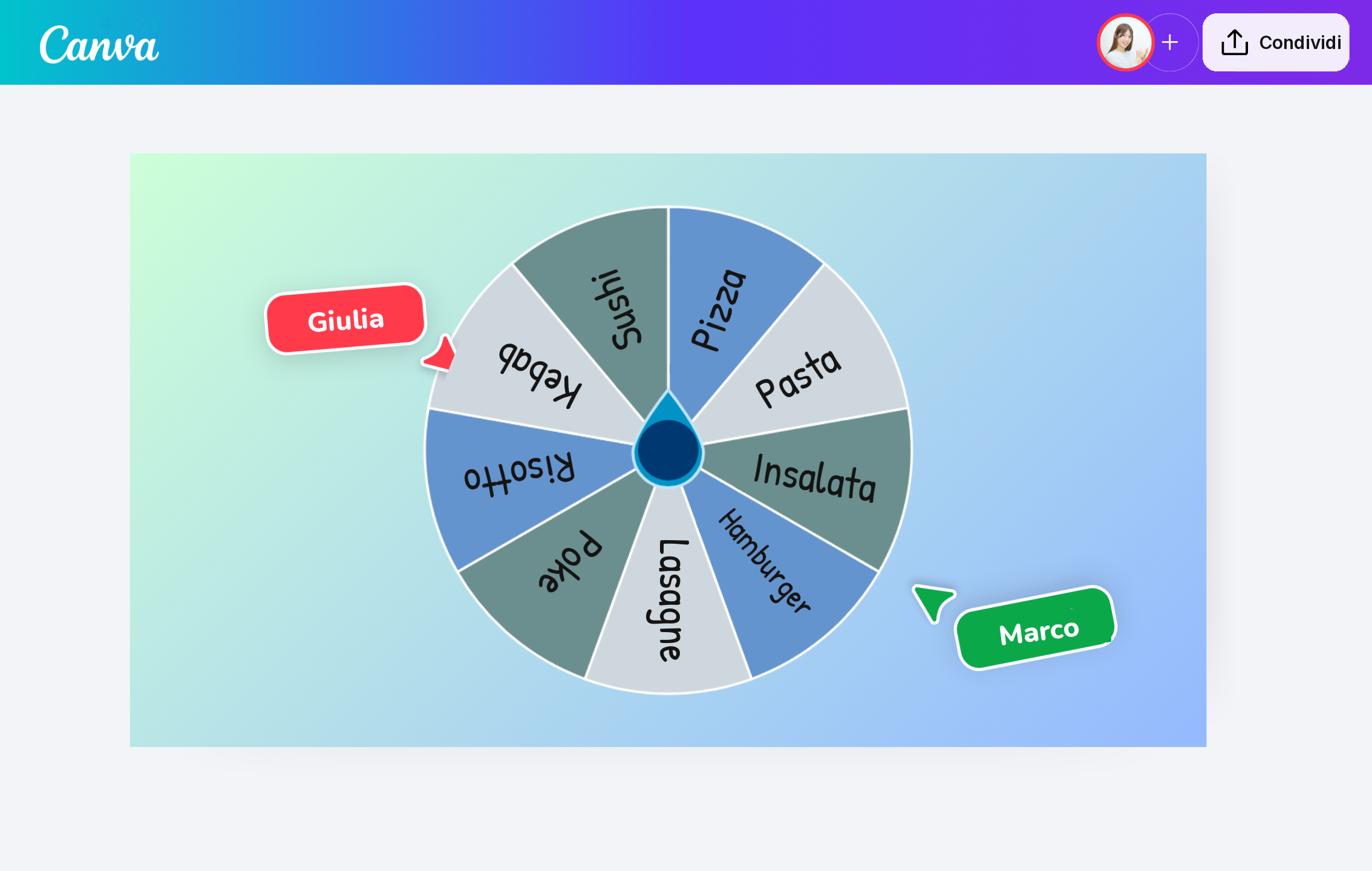 Ruota della fortuna online con colori e testo personalizzati in Canva Ruota della fortuna online con colori e testo personalizzati in Canva