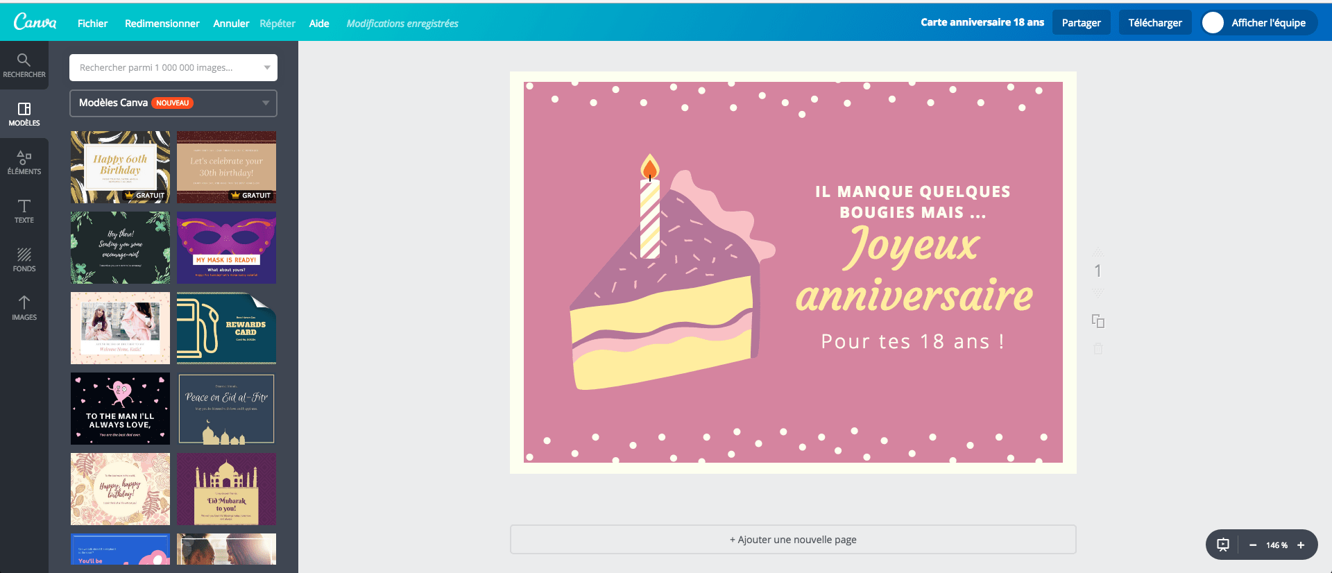 Carte d’anniversaire des 18 ans en cours de création sur Canva Carte d’anniversaire des 18 ans en cours de création sur Canva