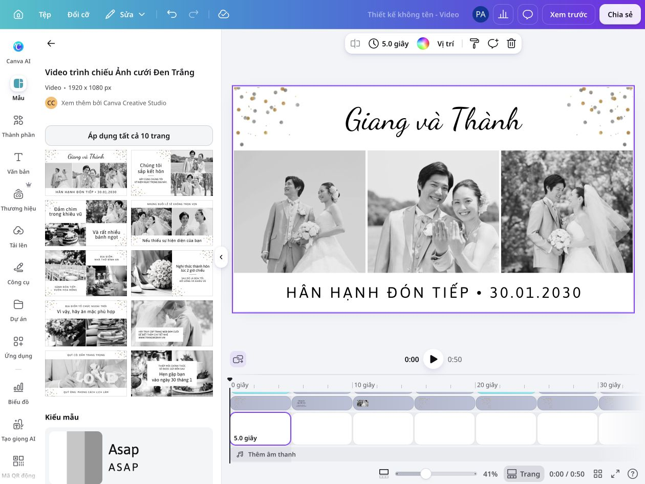 Giao diện Canva với slideshow ảnh cưới và các cảnh trên dòng thời gian.