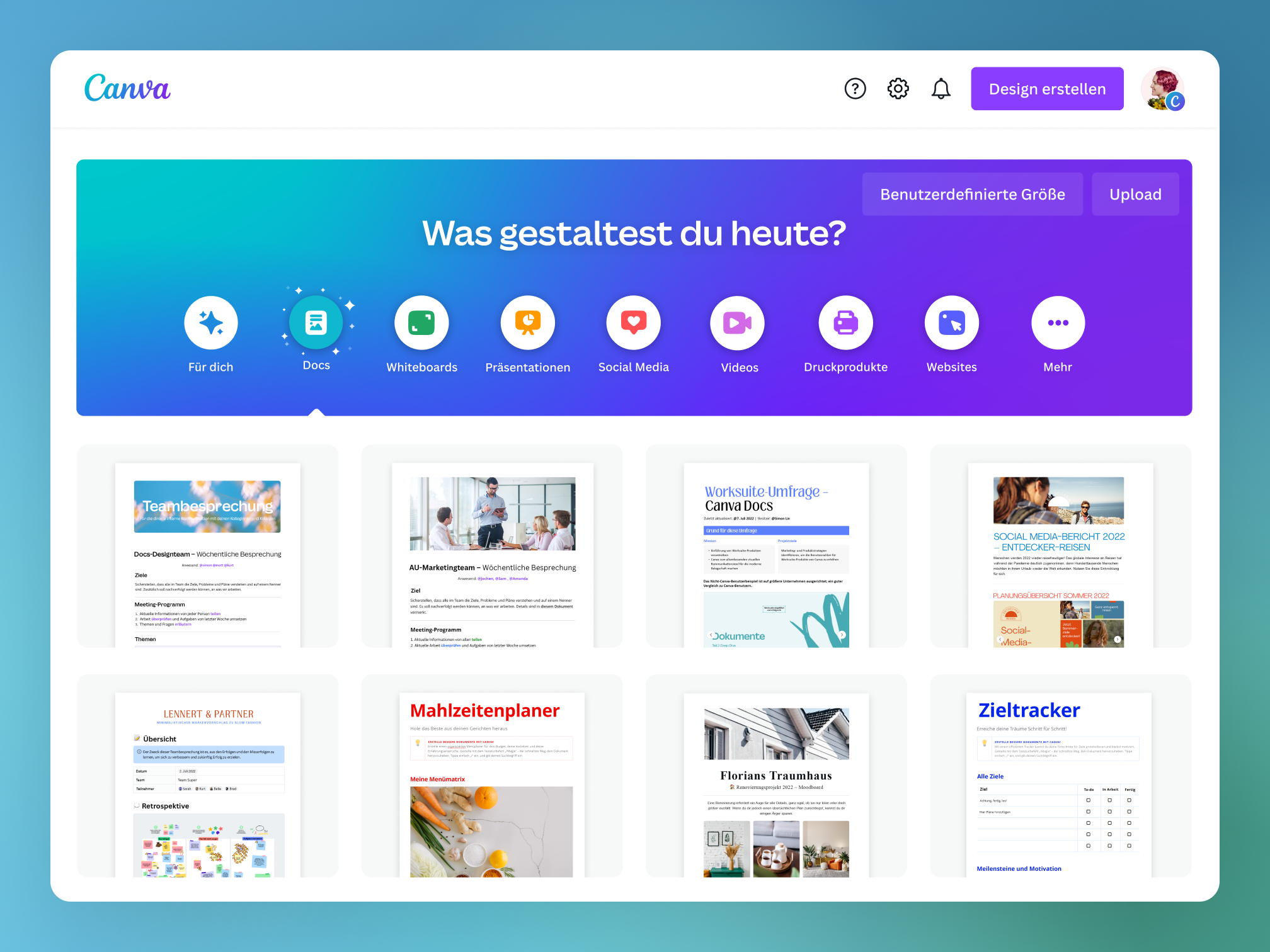 Preview of the Canva dashboard with the Docs tab highlighted