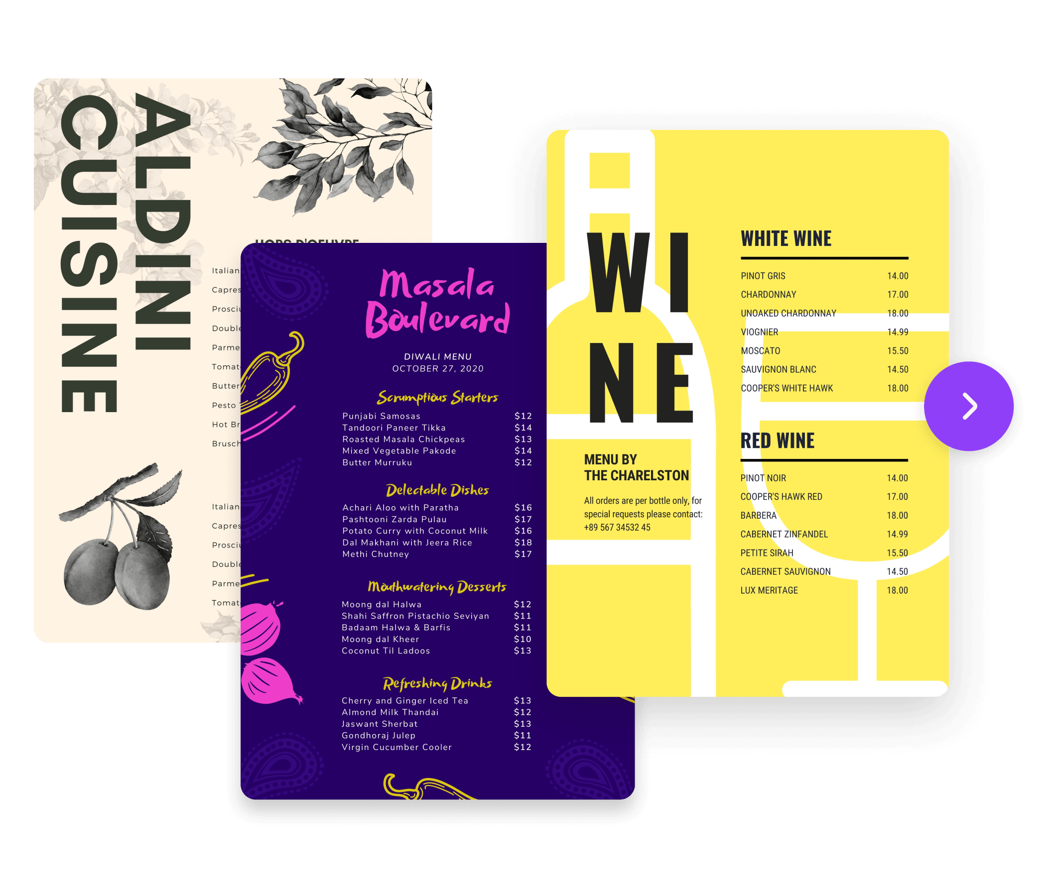 Templates for different styles, cuisines and seasons