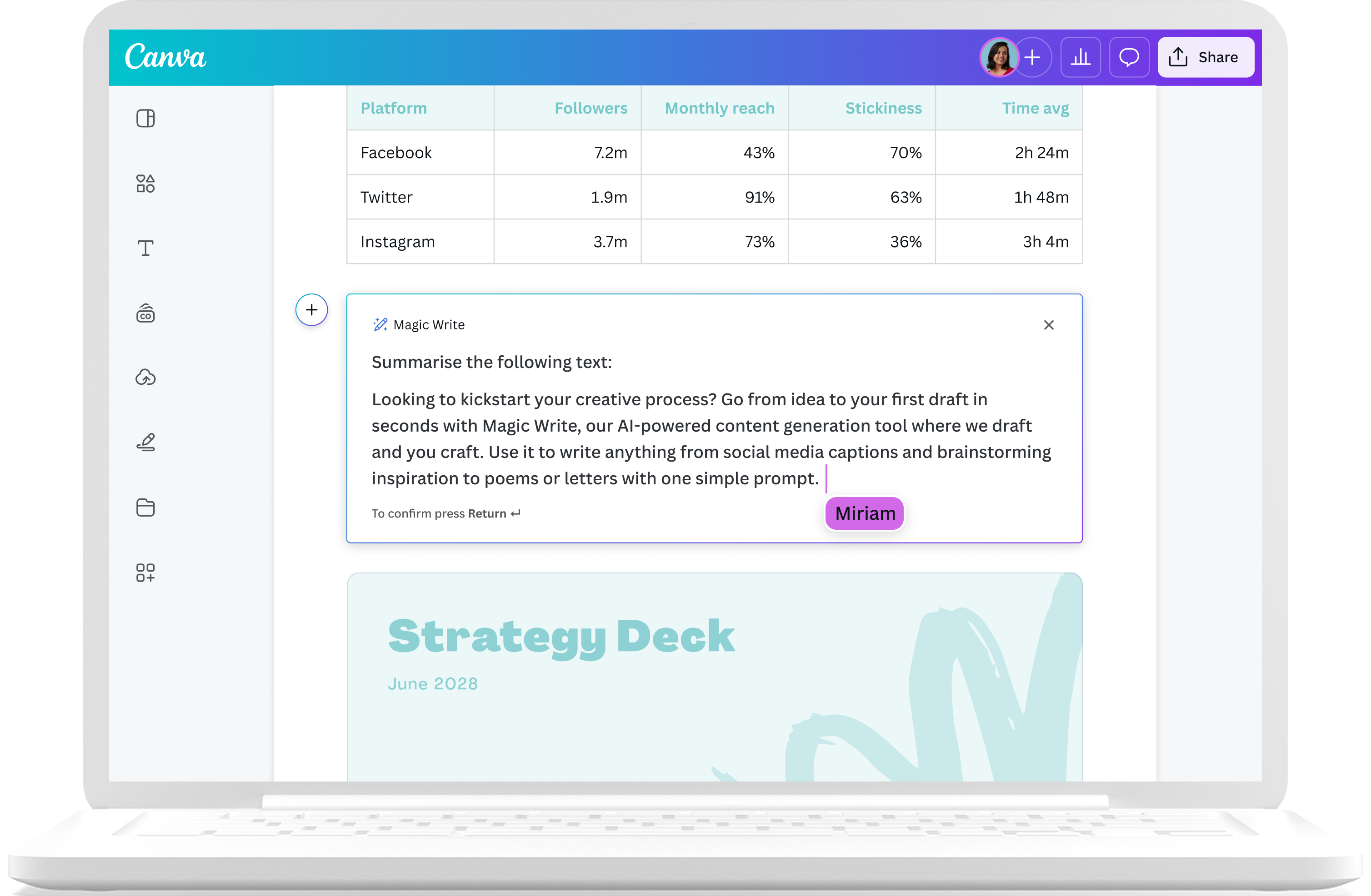 Interface Magic Write Canva AI menunjukkan proses pembuatan konten bahasa Indonesia untuk social media