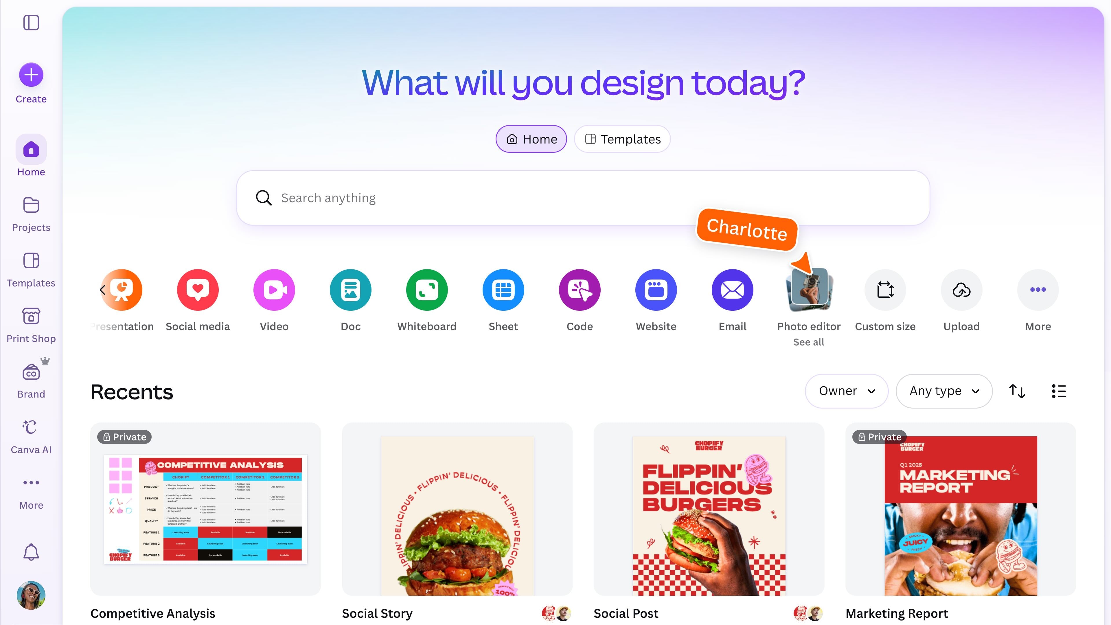 Finding the photo editor on Canva Homepage