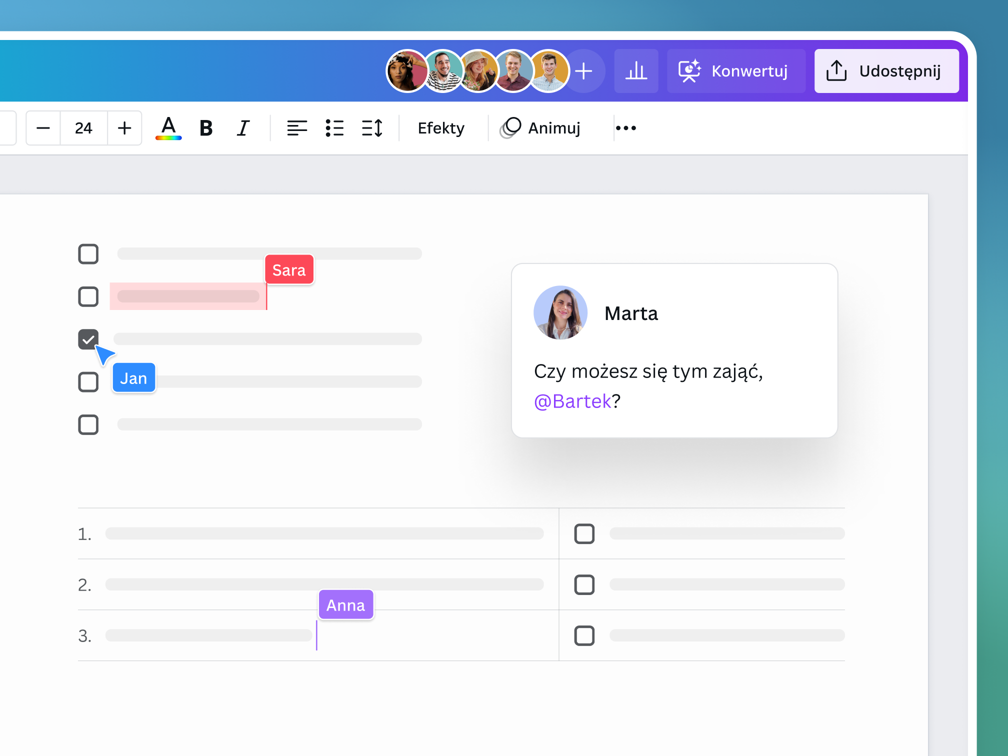 Preview of Canva Docs' real-time collaboration features
