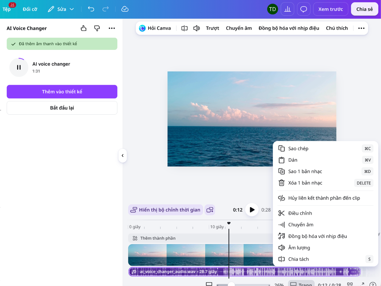 Giao diện Canva chỉnh sửa và hoàn thiện video sau khi đổi giọng nói