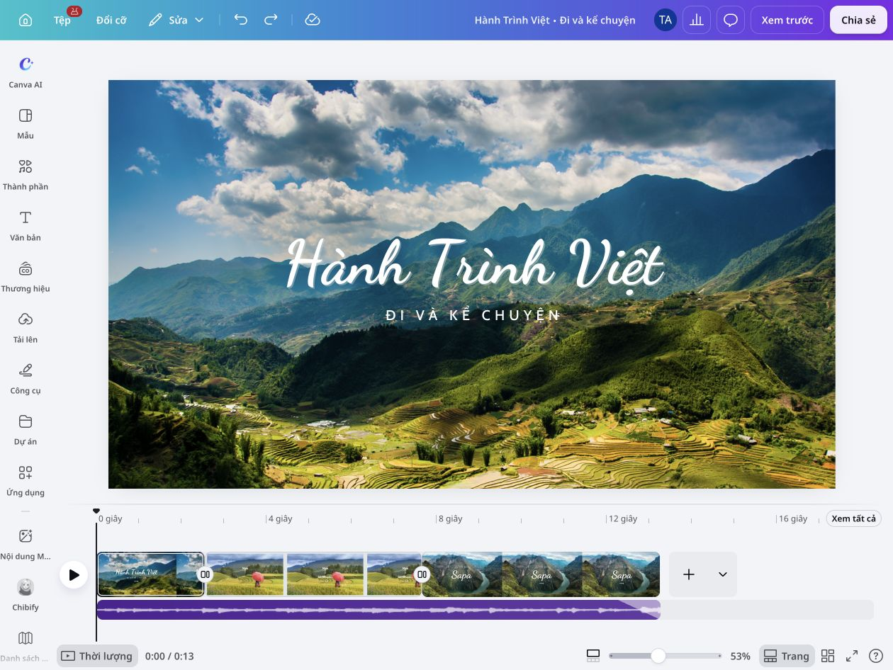Intro kênh Hành Trình Việt với tên kênh và lời giới thiệu du lịch trong trình biên tập video Canva